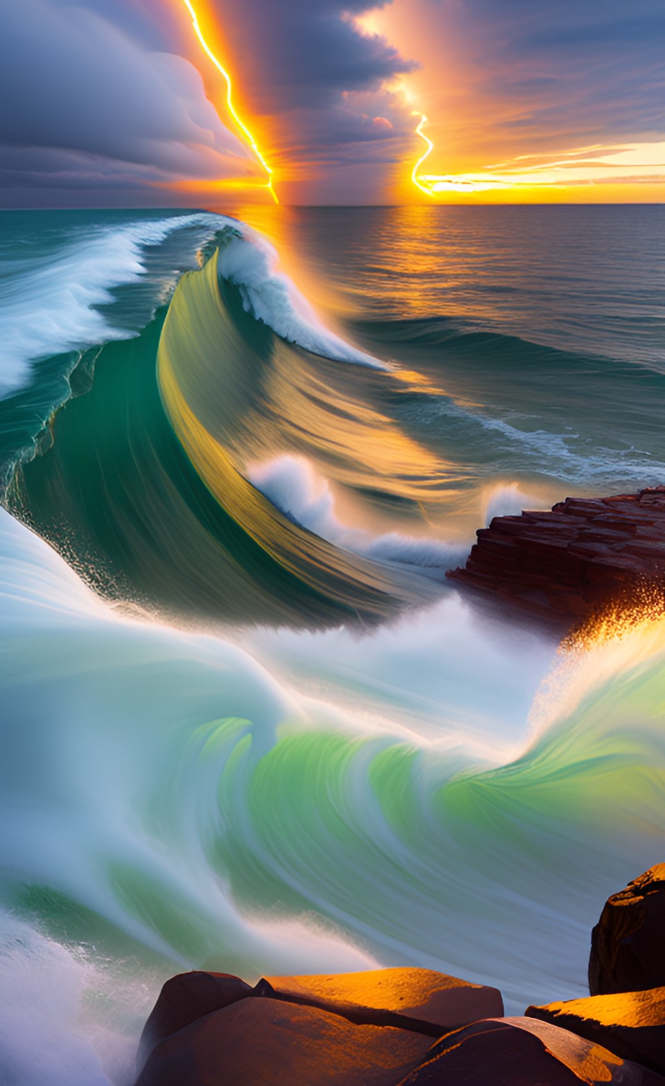 Back on Lake Superior's Shore - lake superior waves crash into river creating maelstrom at point of contact. menacing thunderheads in the distance. sunset shoots streamers of light through thunderheads on horizon. preview