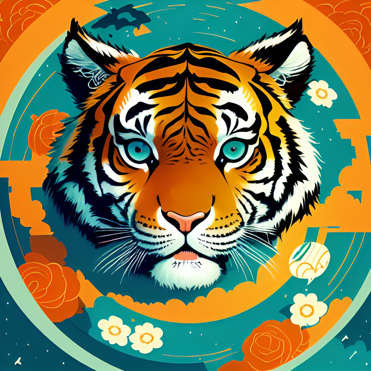 illustration for a cute tiger in the center,chibi style preview