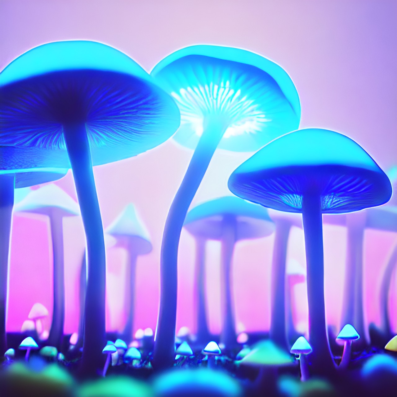 magic mushrooms, light blue, neon light, dark background, shiny preview