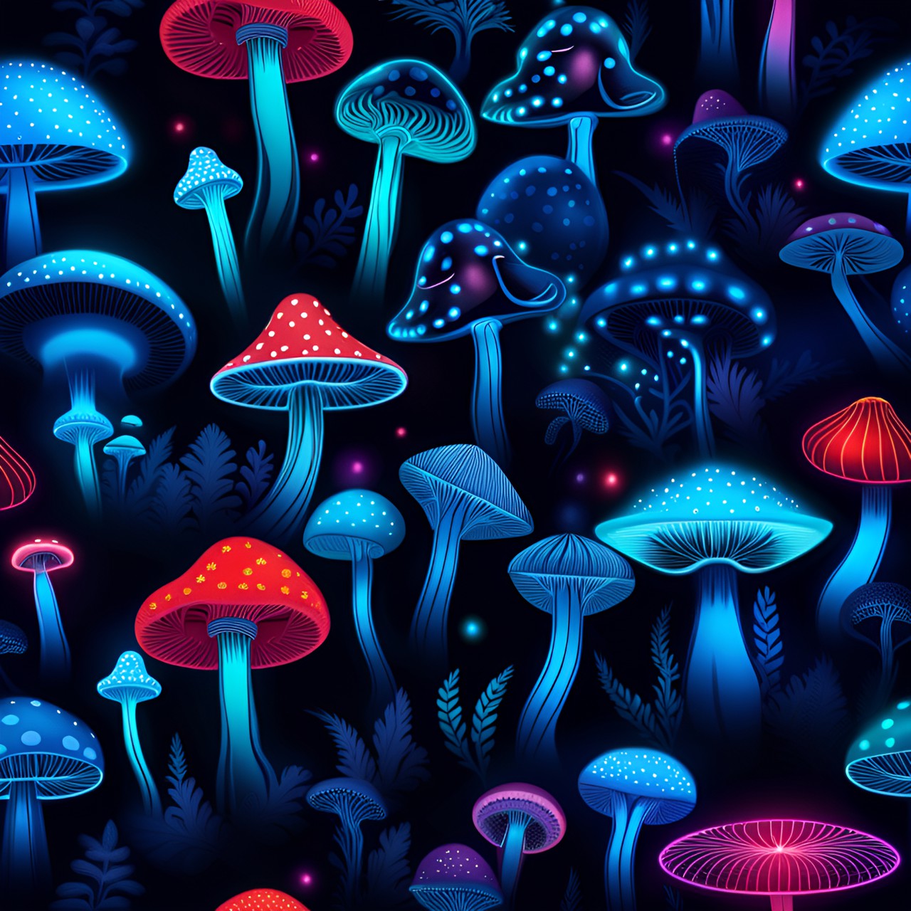 magic mushrooms, light blue, neon light, dark background, shiny preview