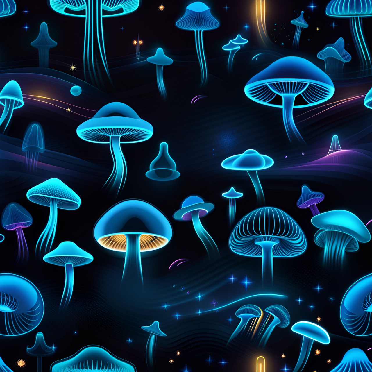 magic mushrooms, light blue, neon light, dark background, shiny preview