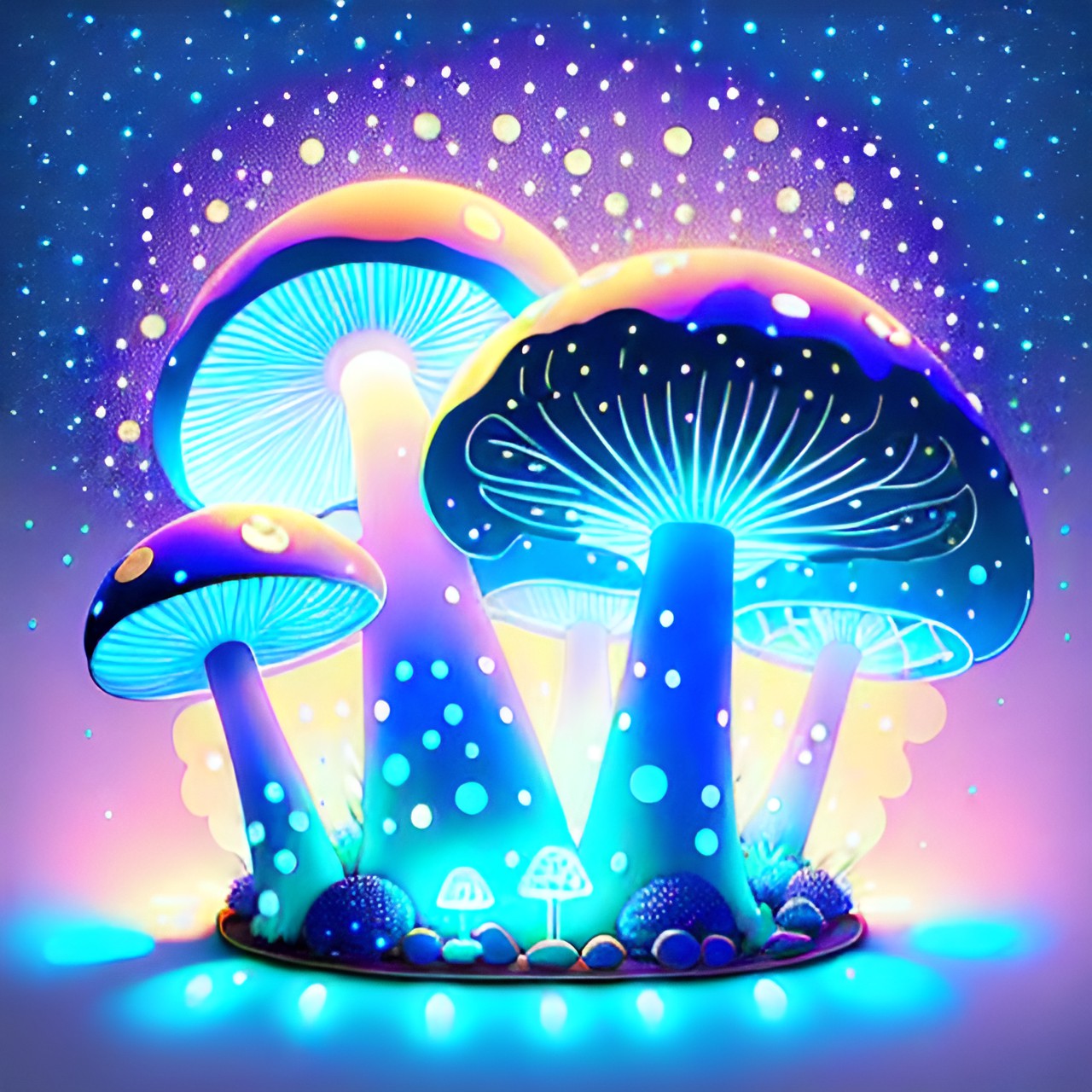 magic mushrooms, light blue, neon light, dark background, shiny preview