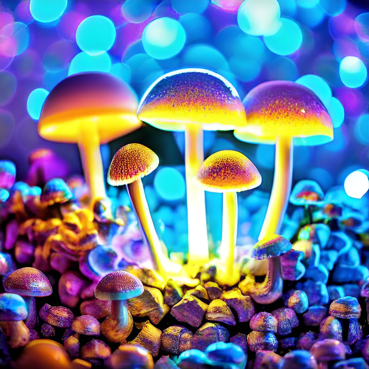 magic mushrooms, light blue, neon light, dark background, shiny preview