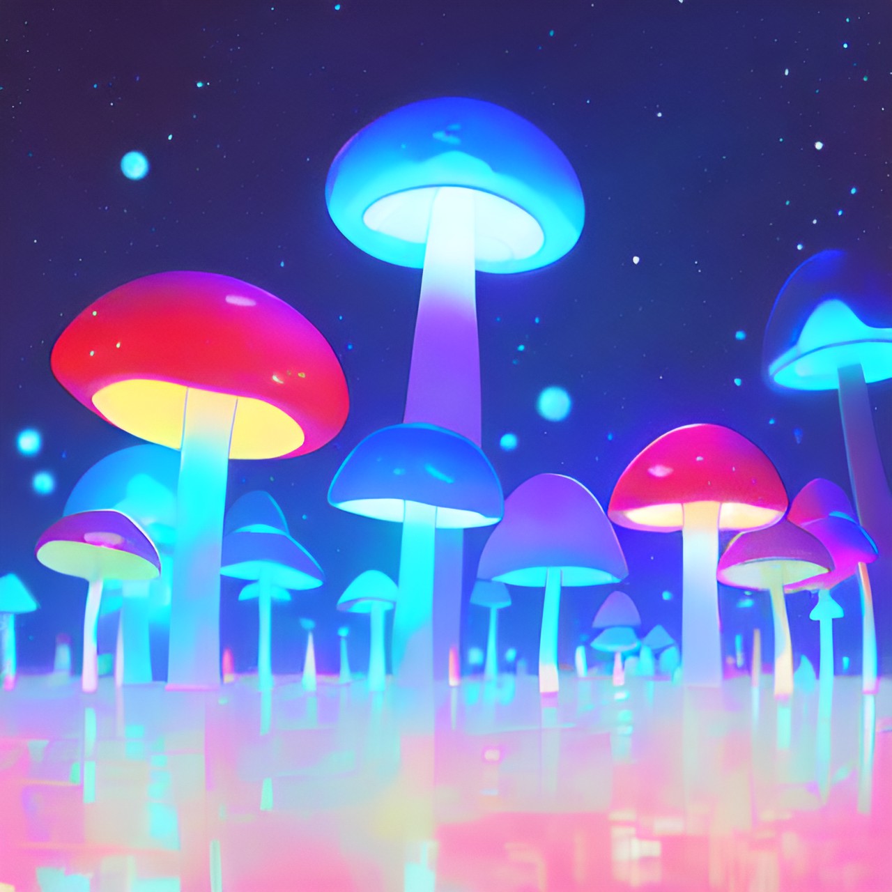 magic mushrooms, light blue, neon light, dark background, shiny preview