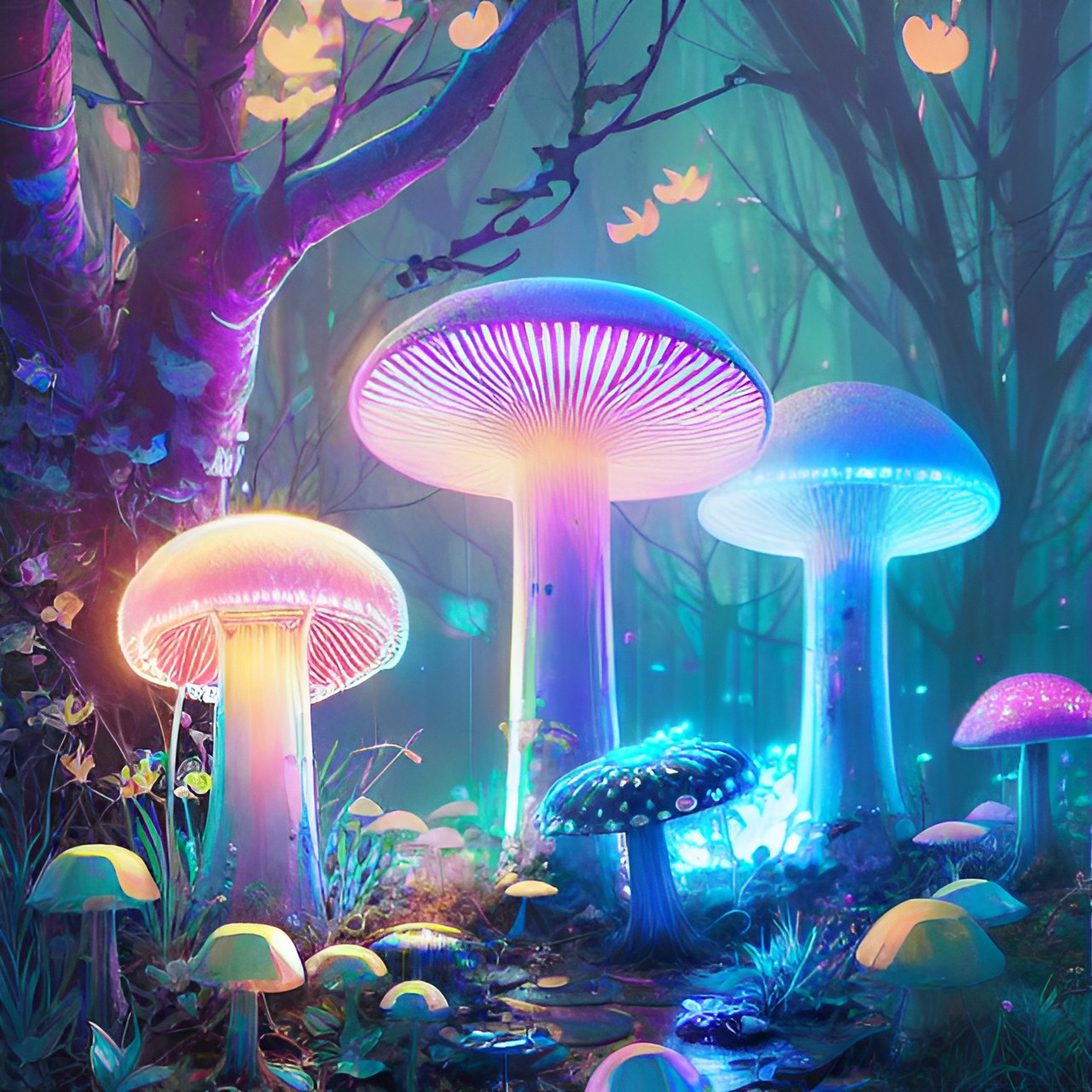 magic mushrooms, light blue, neon light, dark background, shiny preview