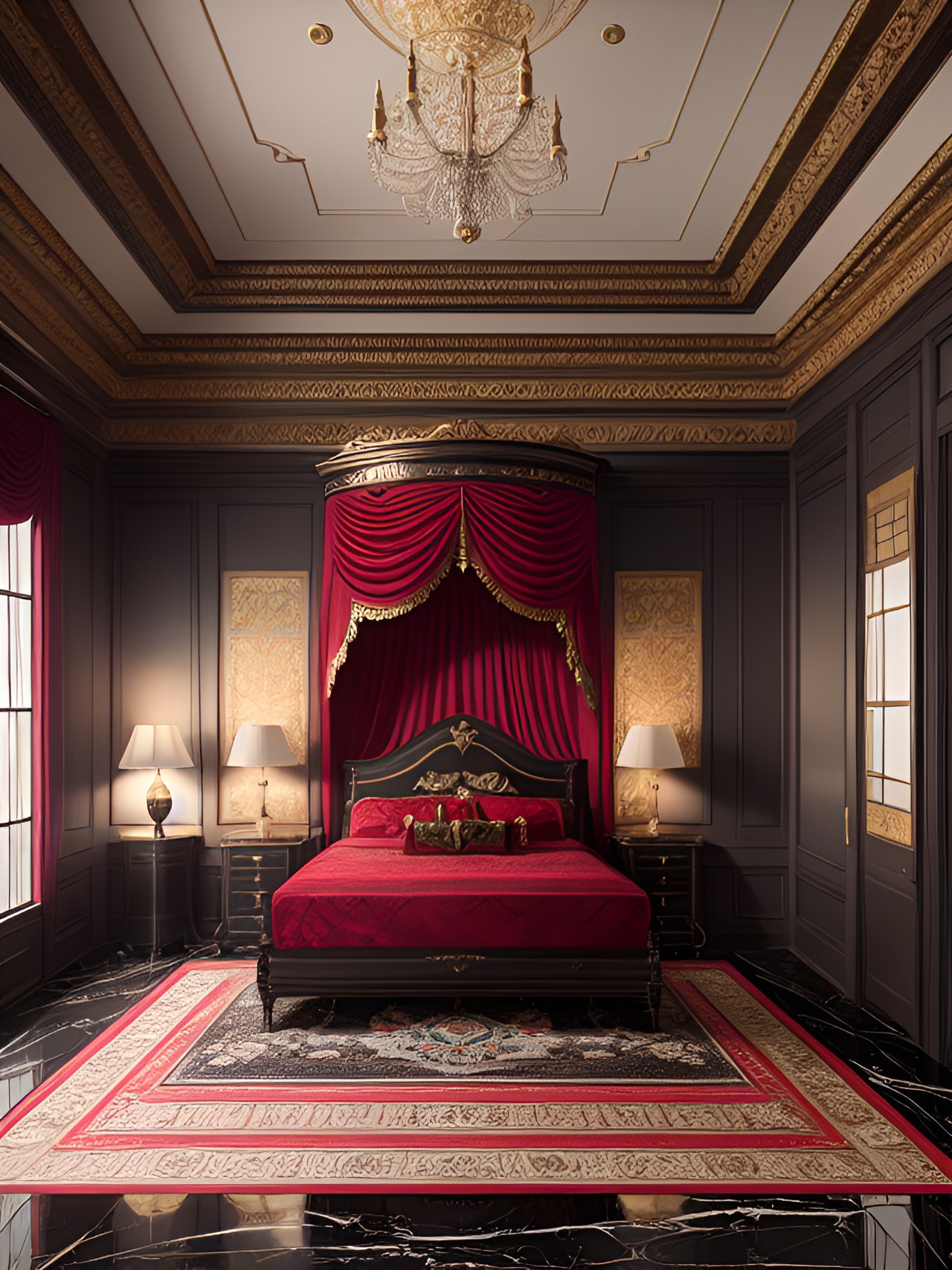 dream bedroom, high ceiling, antique trim, cedar trim and decor, black marble floor tile, huge flat screen, velvet red preview