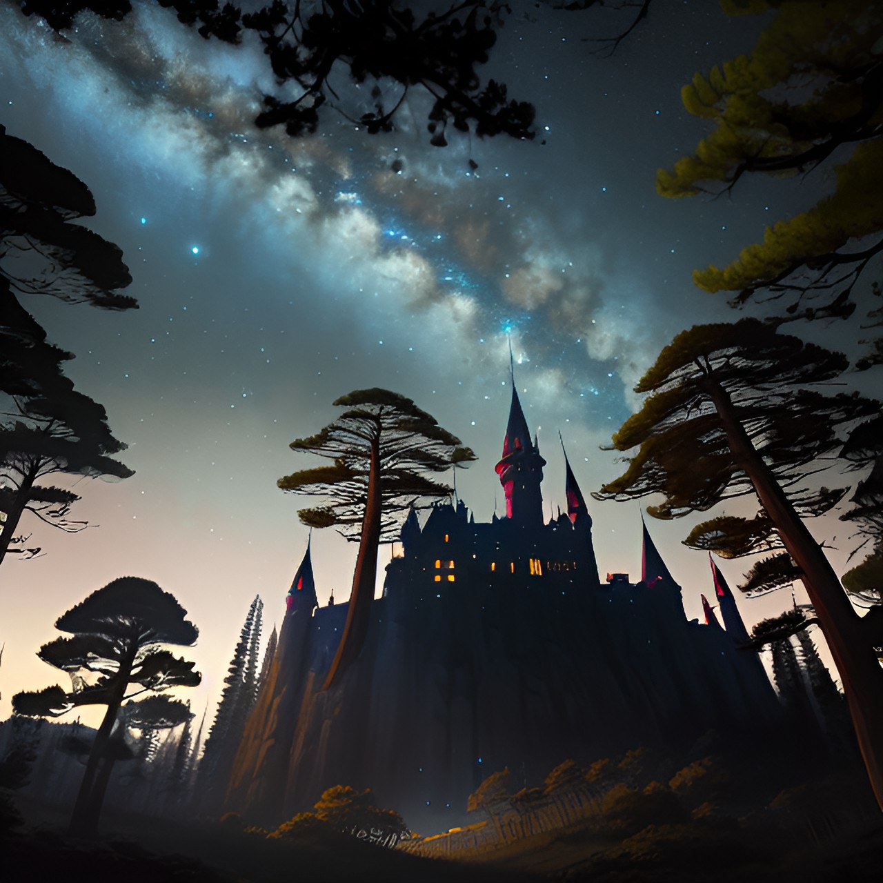 night sky seen through an ancient forest. the silhouette of a castle is seen on a far away hill. preview