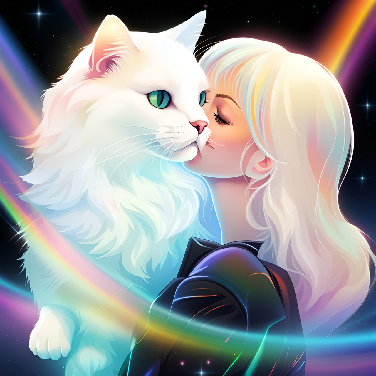 blonde woman kissing white fluffy cat by a rainbow preview