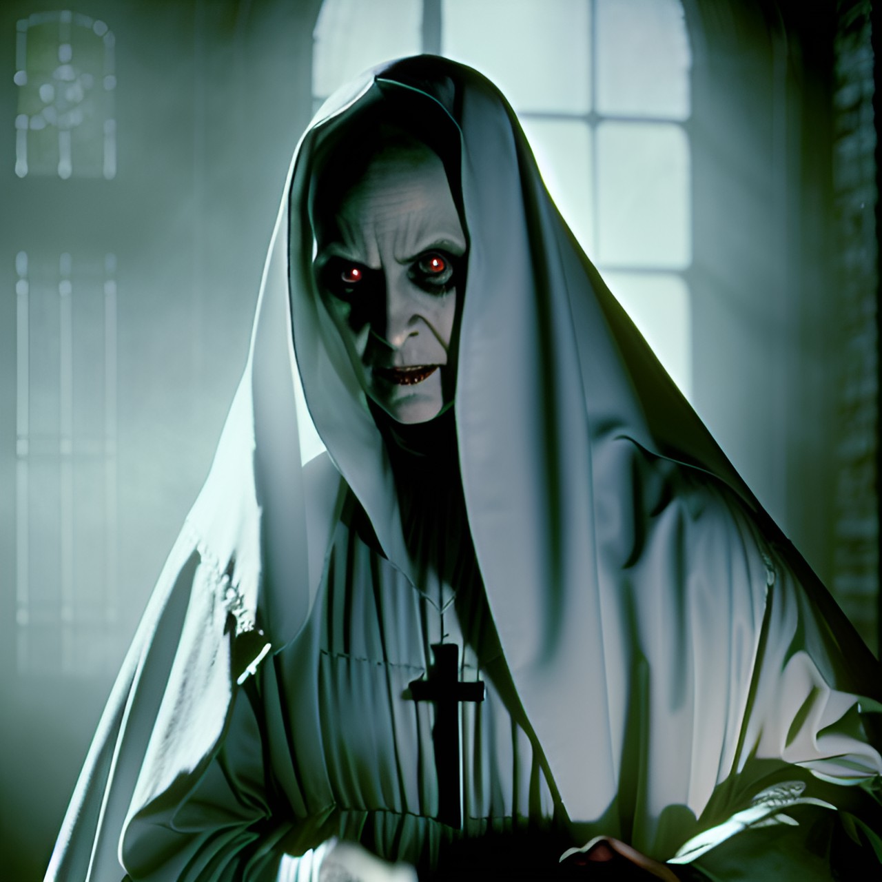 Nosferatu - victorian age evil intense looking ghost demonic nun,scary horror movie still, close up view, the exorcist , nosferatu preview