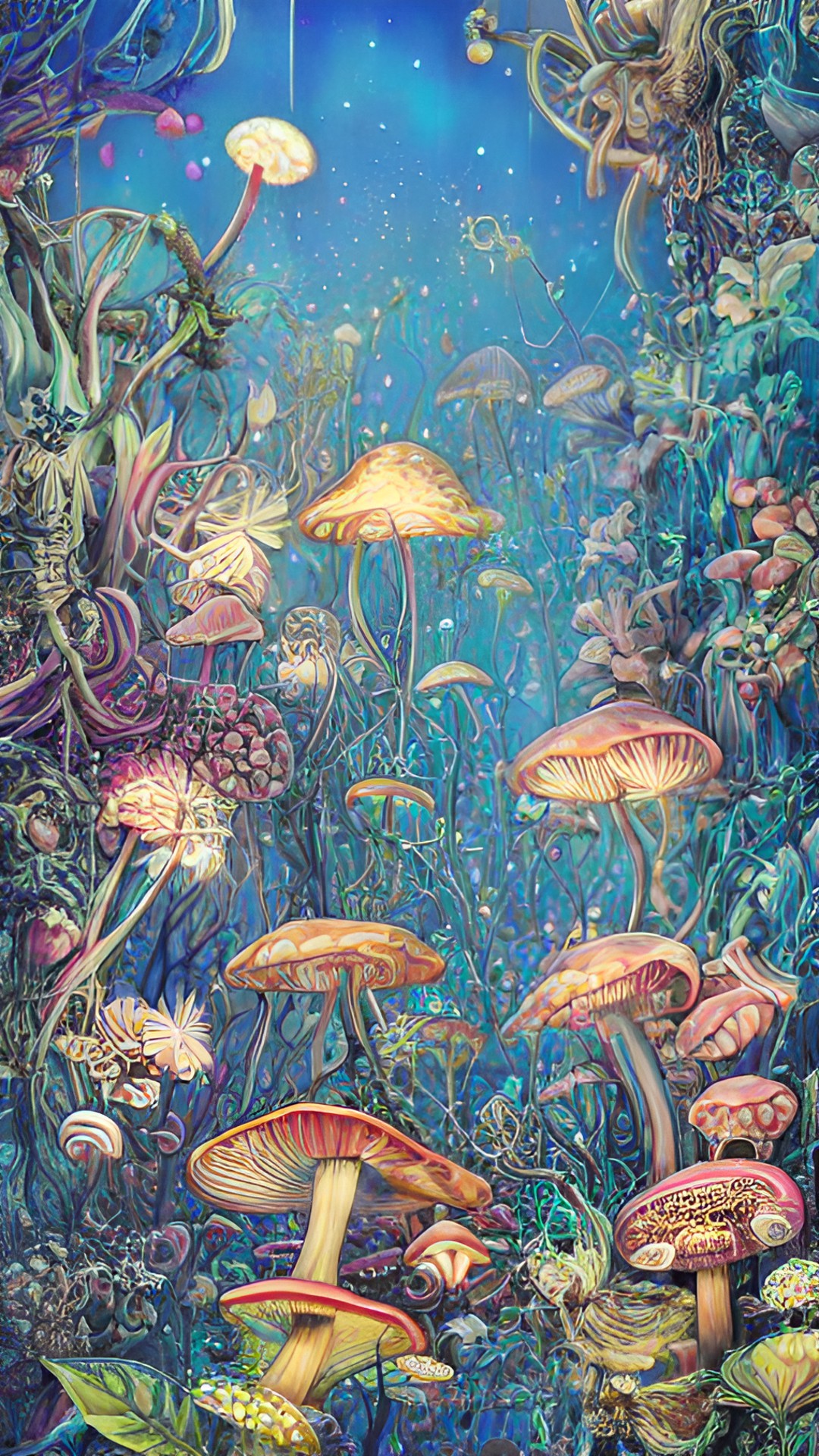 magic mushrooms, light blue, neon light, dark background, shiny preview