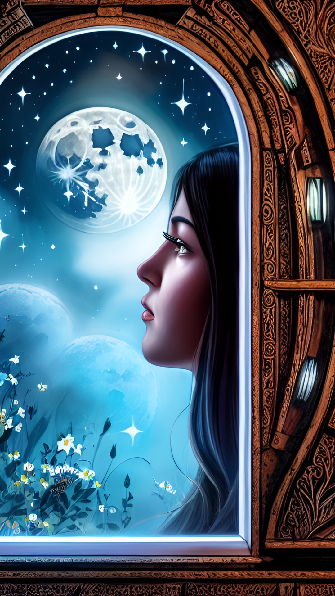 a lady with dark hair, looking at the moon in the night sky, through the window, highly detailed, fantasy art preview