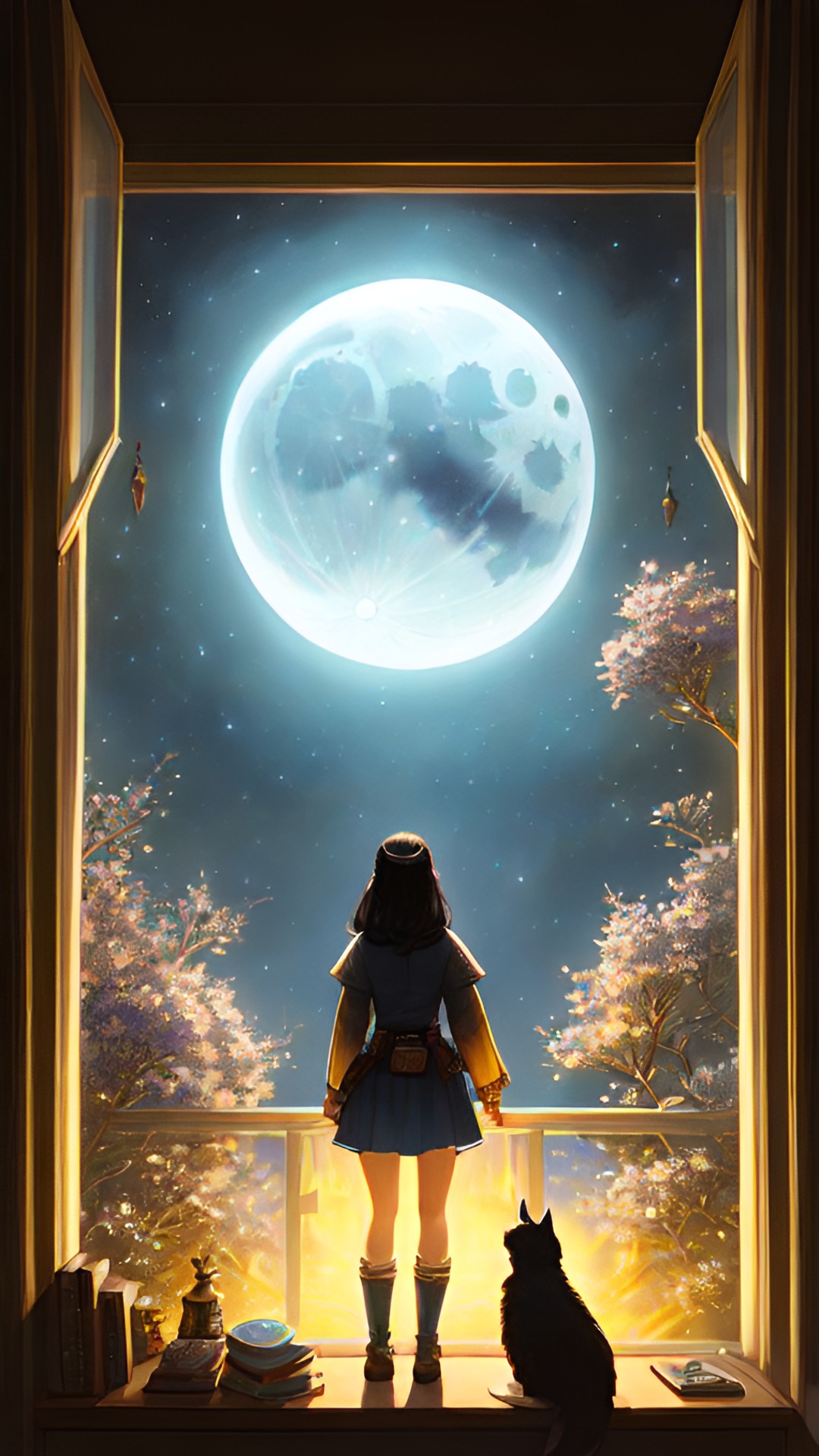 a lady with dark hair, looking at the moon in the night sky, through the window, highly detailed, fantasy art preview