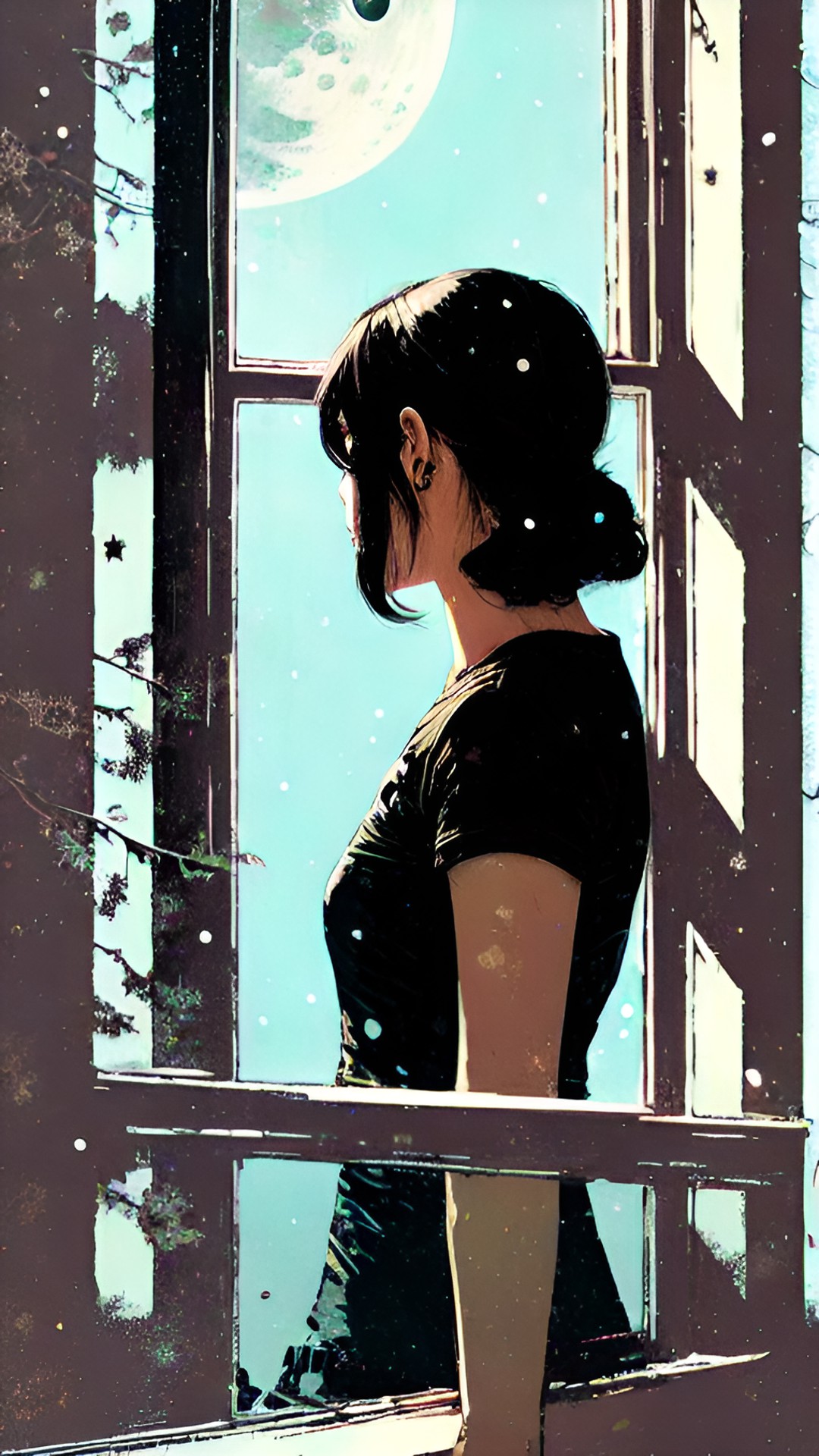 a lady with dark hair, looking at the moon in the night sky, through the window, highly detailed, fantasy art preview