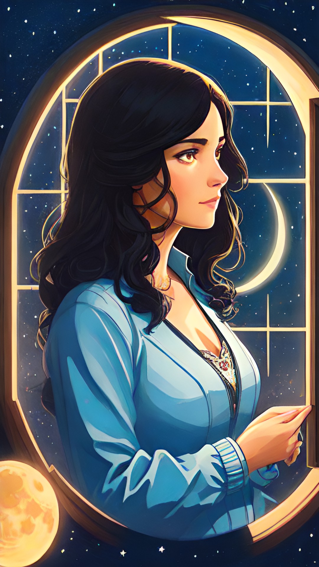 a lady with dark hair, looking at the moon in the night sky, through the window, highly detailed, fantasy art preview