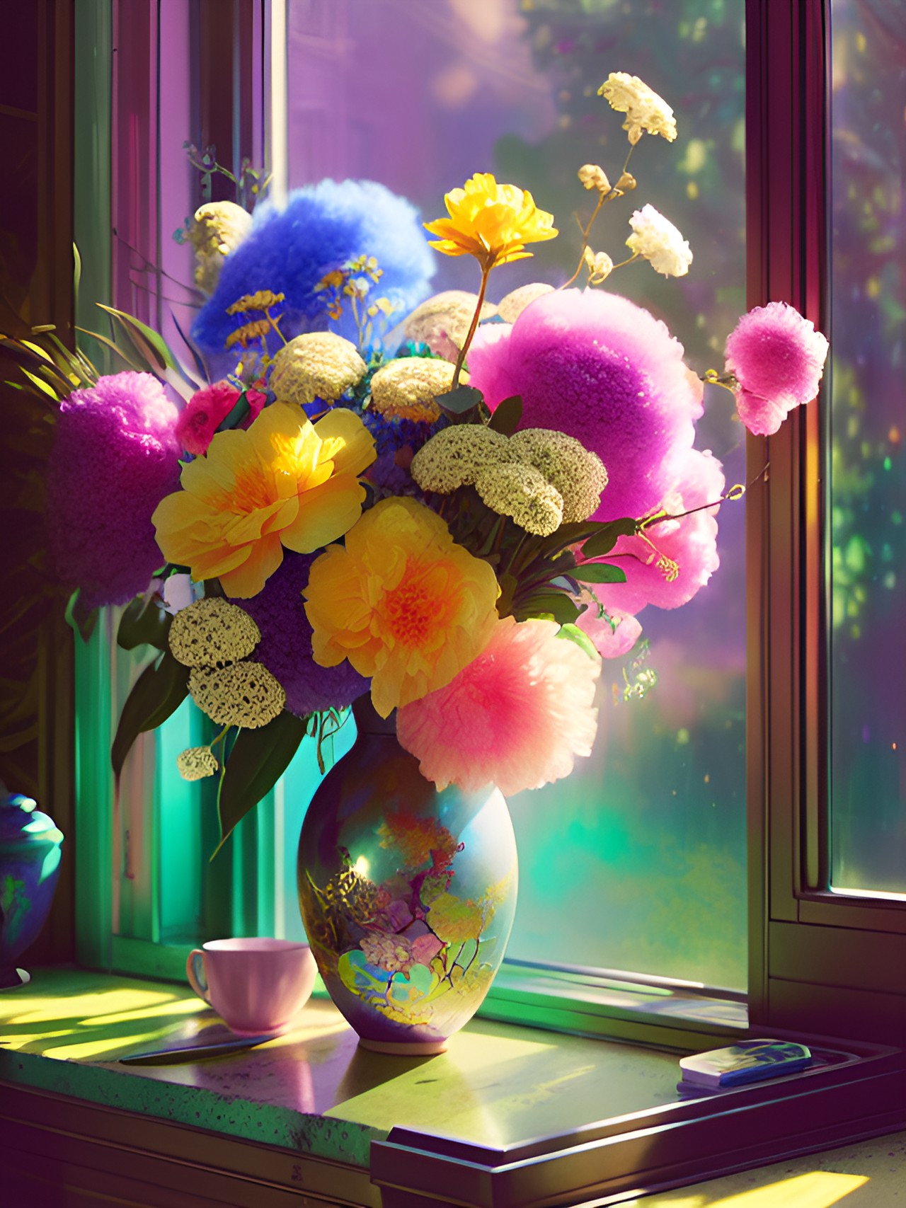 Flowers for my Love - colorful fluffy peonys in galactic vase by window of golden hour sunlight preview