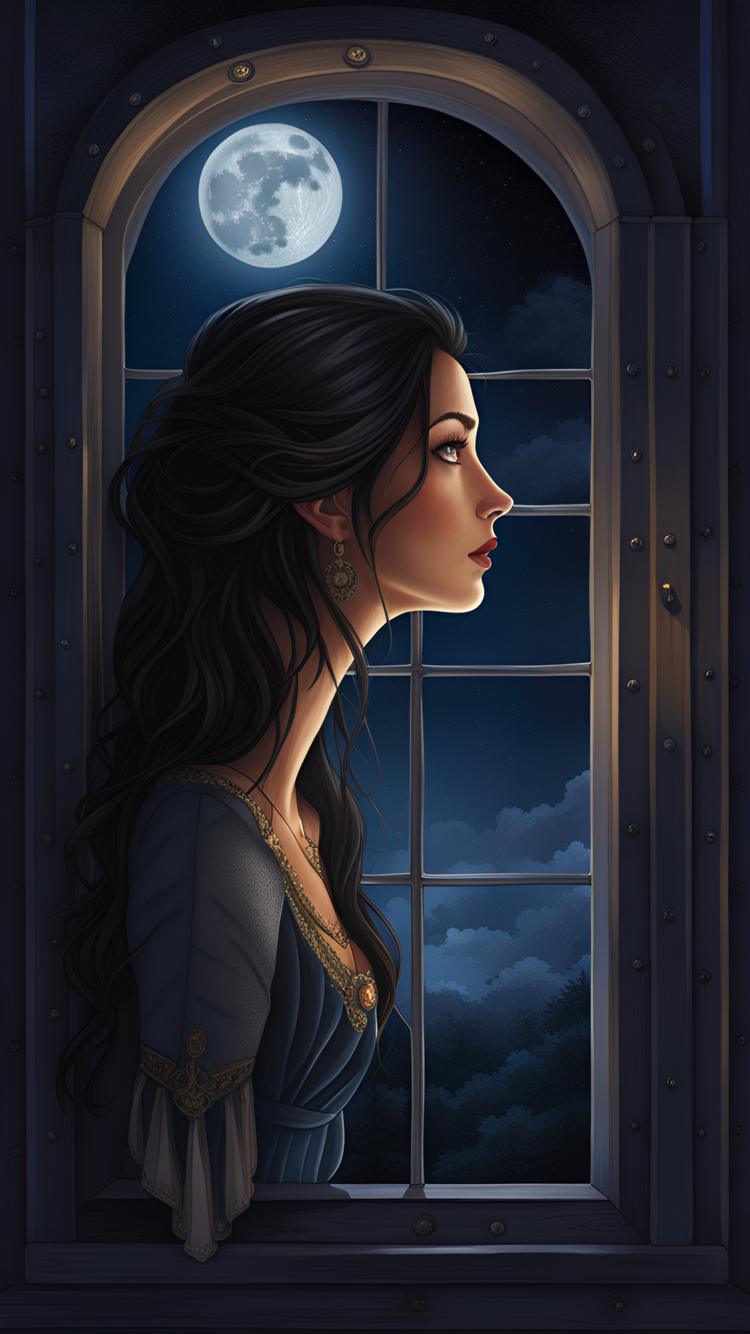 a lady with dark hair, looking at the moon in the night sky, through the window, highly detailed, fantasy art preview