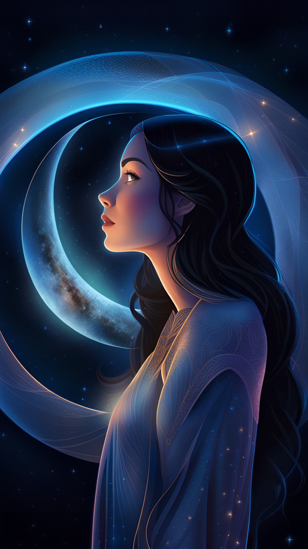 a lady with dark hair, looking at the moon in the night sky, through the window, highly detailed, fantasy art preview