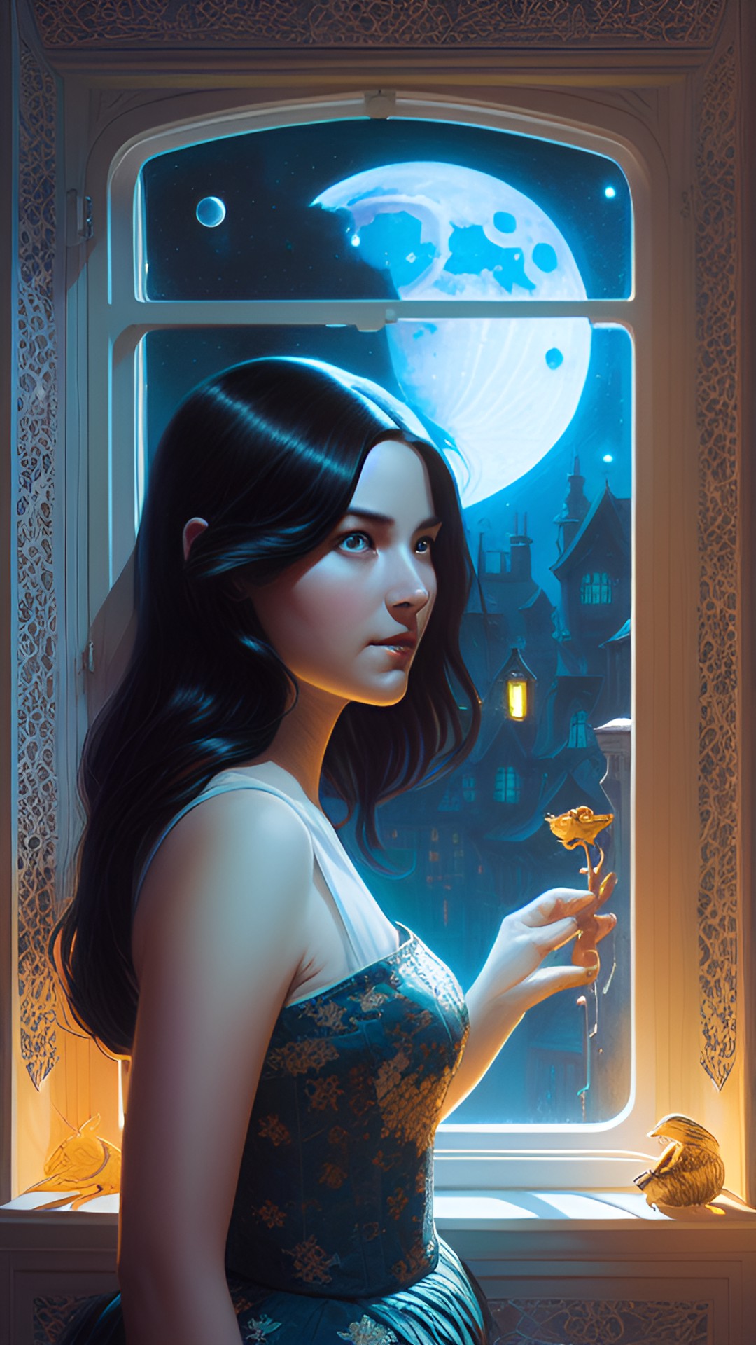 a lady with dark hair, looking at the moon in the night sky, through the window, highly detailed, fantasy art preview