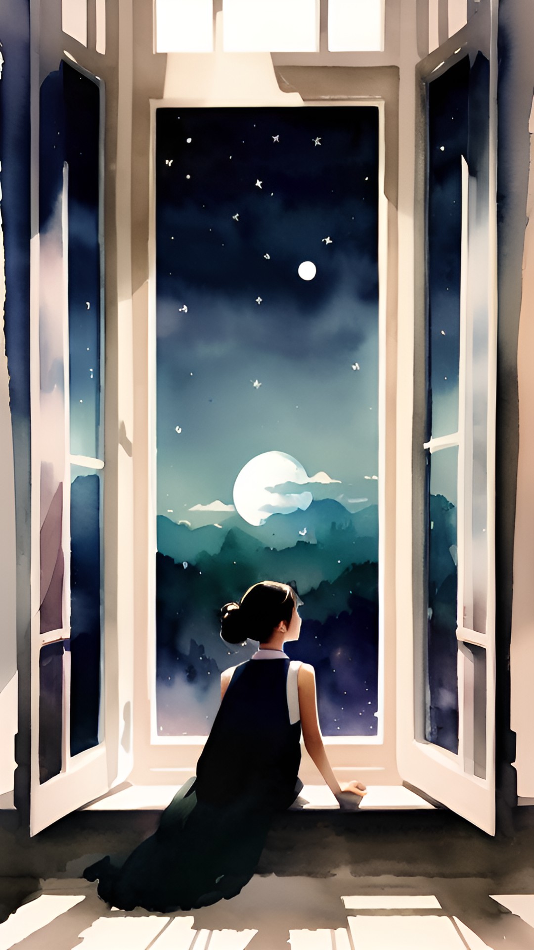 a lady with dark hair, looking at the moon in the night sky, through the window, highly detailed, fantasy art preview