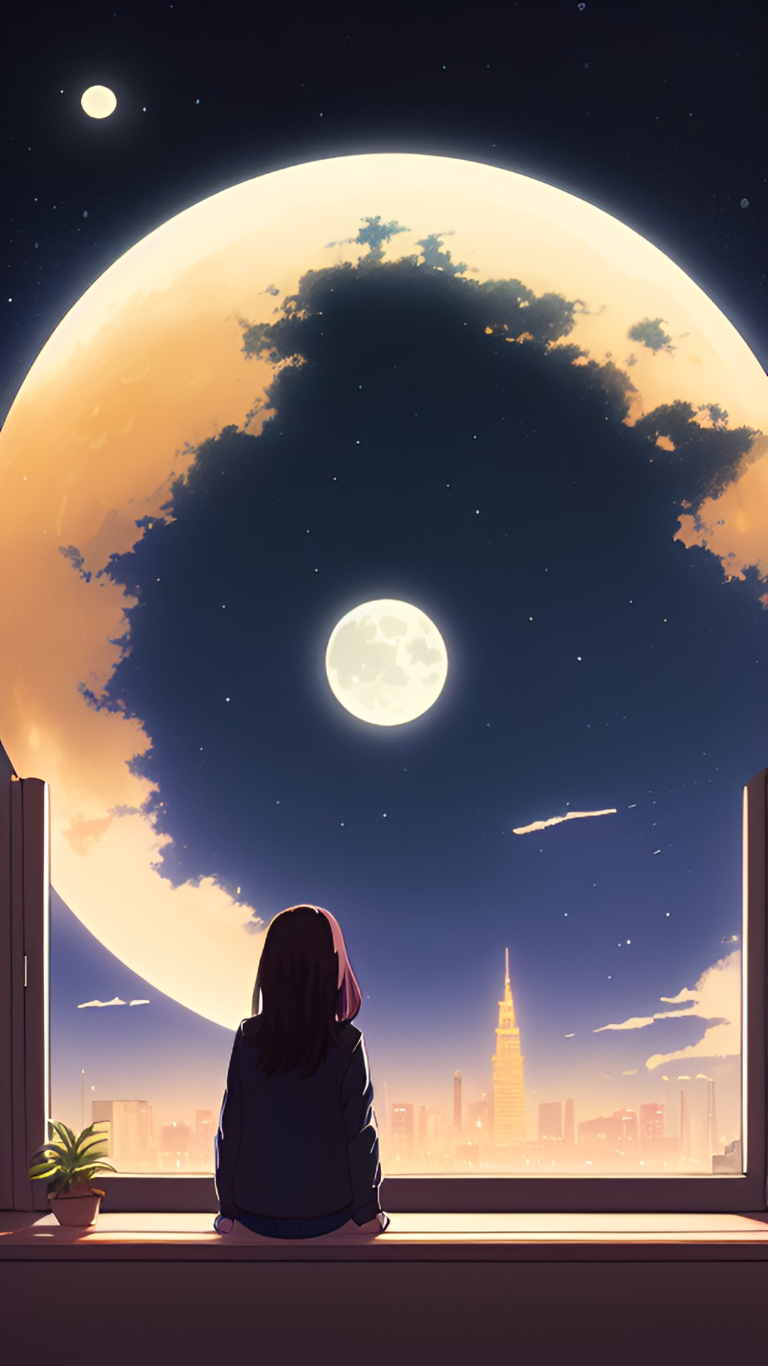 a lady with dark hair, looking at the moon in the night sky, through the window, highly detailed, fantasy art preview