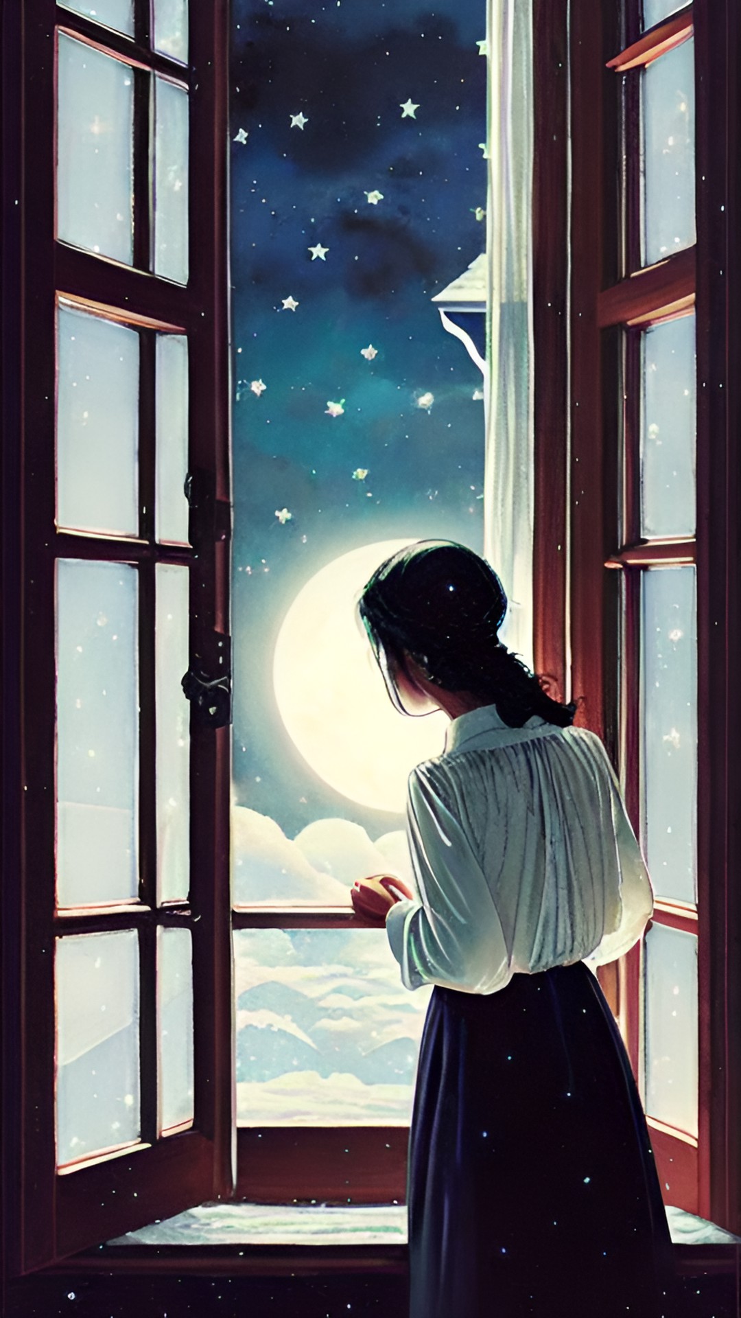 a lady with dark hair, looking at the moon in the night sky, through the window, highly detailed, fantasy art preview