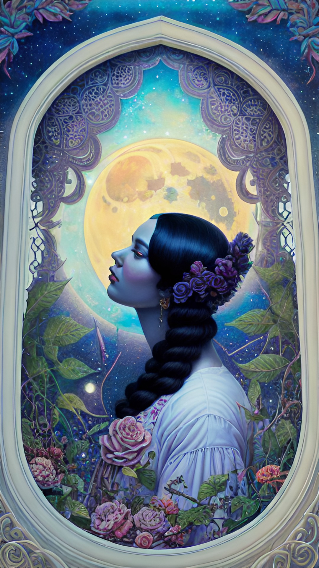 a lady with dark hair, looking at the moon in the night sky, through the window, highly detailed, fantasy art preview