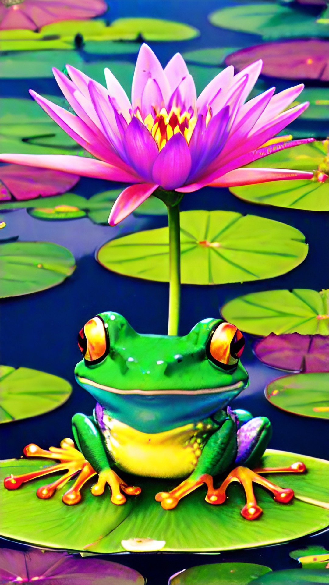 a frog with a rainbow of colors, sitting on a lilly pad in the middle of a glistening pond preview