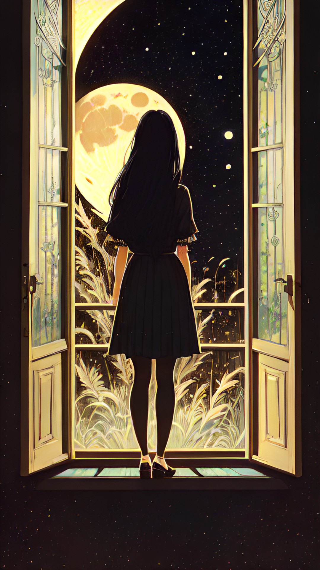 a lady with dark hair, looking at the moon in the night sky, through the window, highly detailed, fantasy art preview