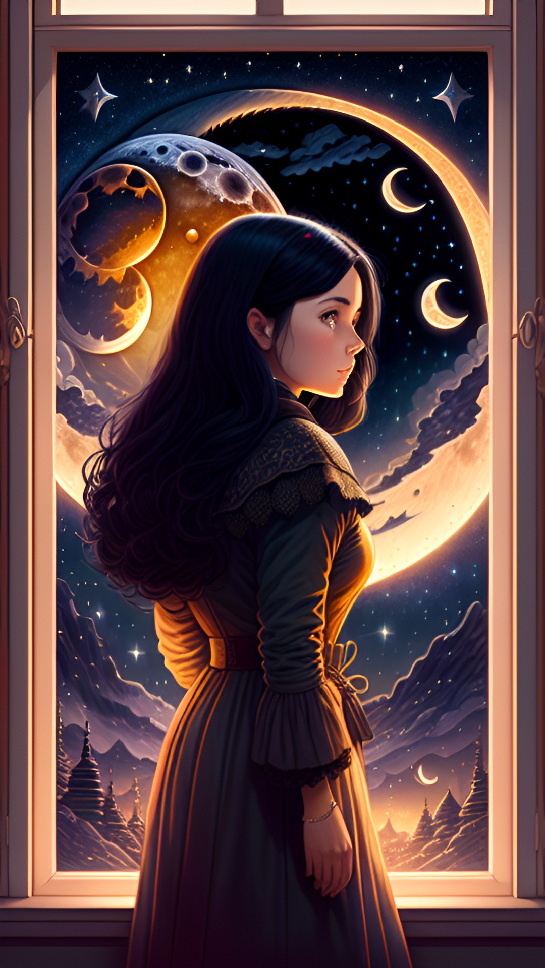 a lady with dark hair, looking at the moon in the night sky, through the window, highly detailed, fantasy art preview