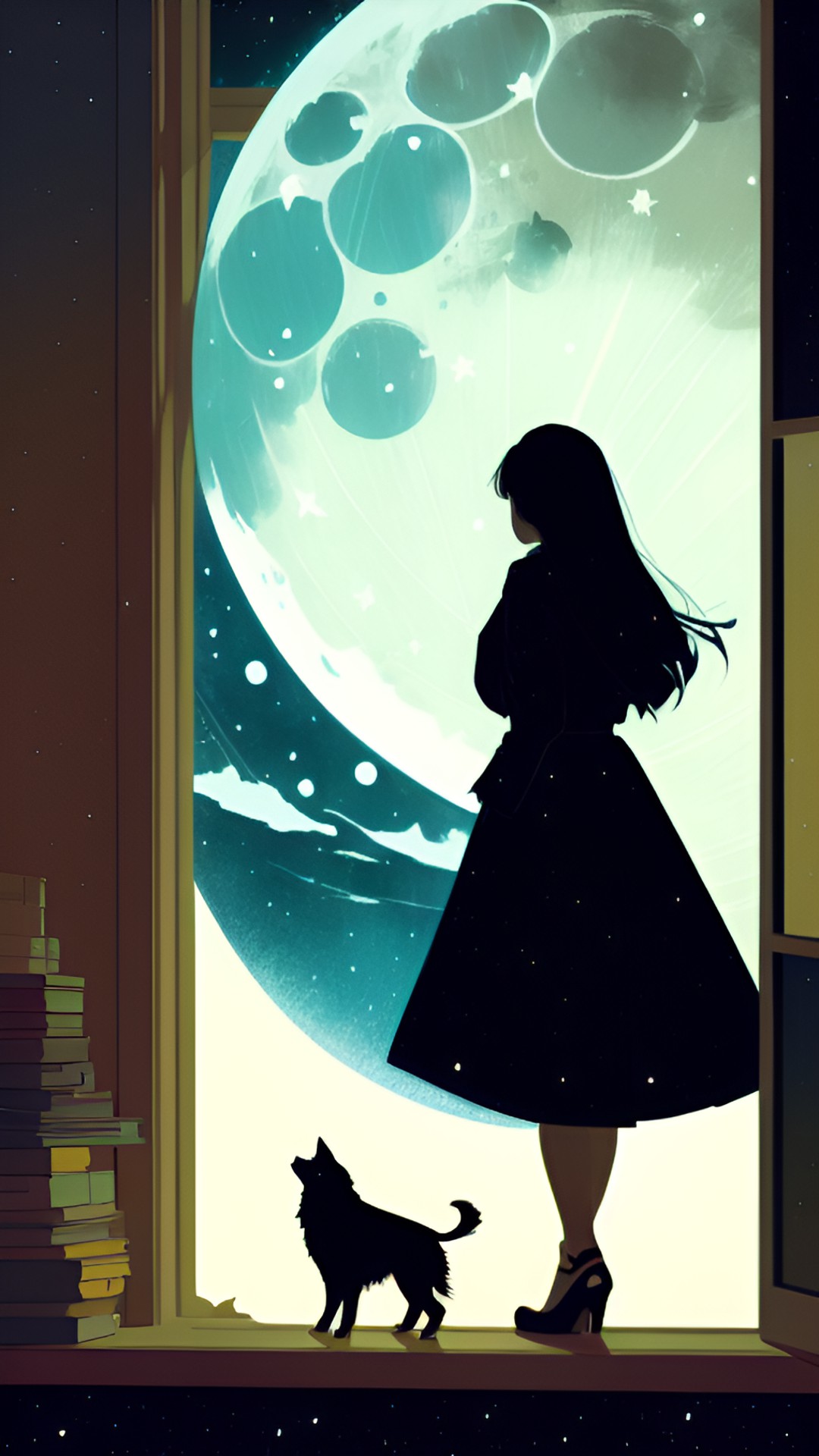 a lady with dark hair, looking at the moon in the night sky, through the window, highly detailed, fantasy art preview