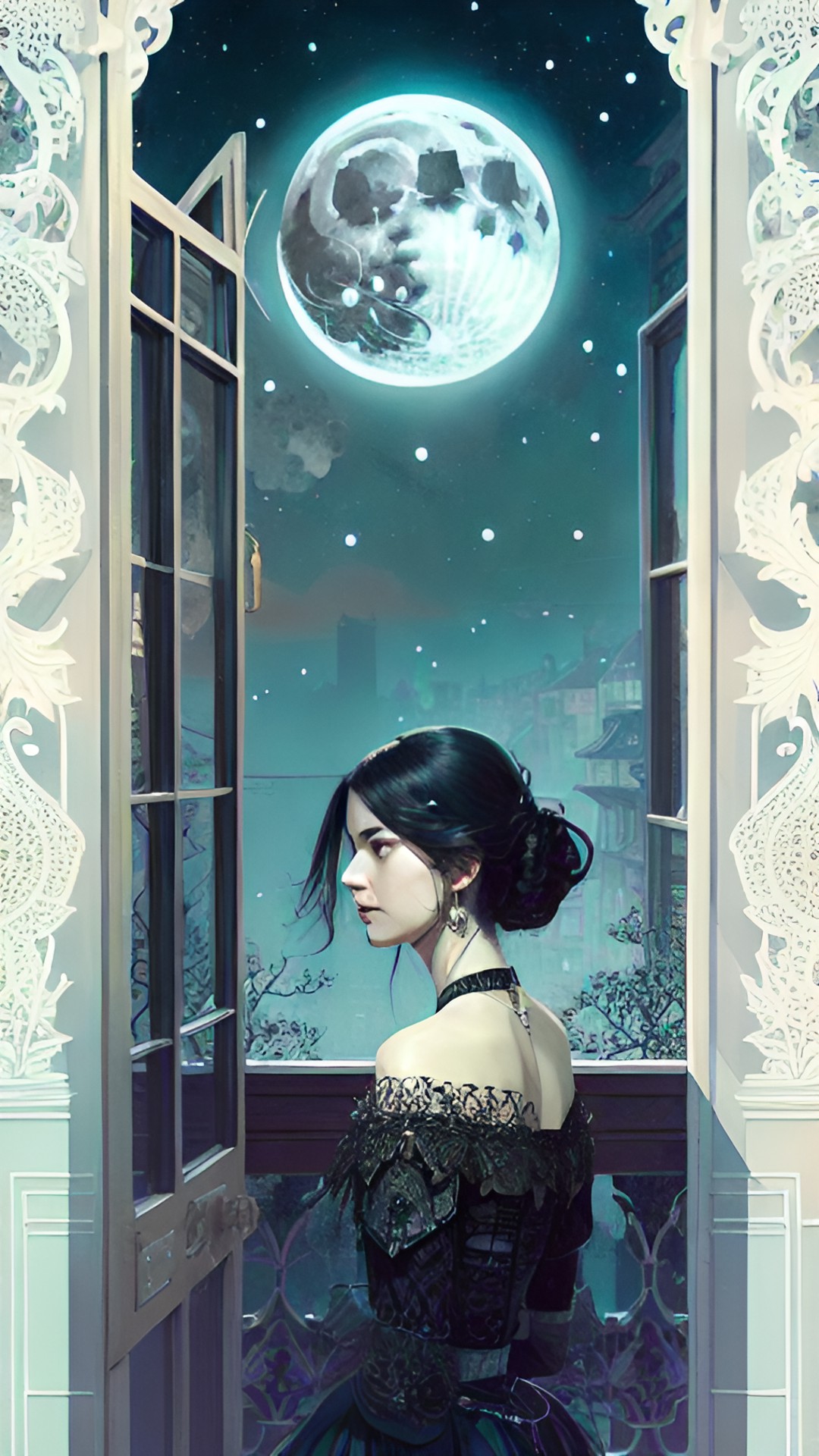 a lady with dark hair, looking at the moon in the night sky, through the window, highly detailed, fantasy art preview