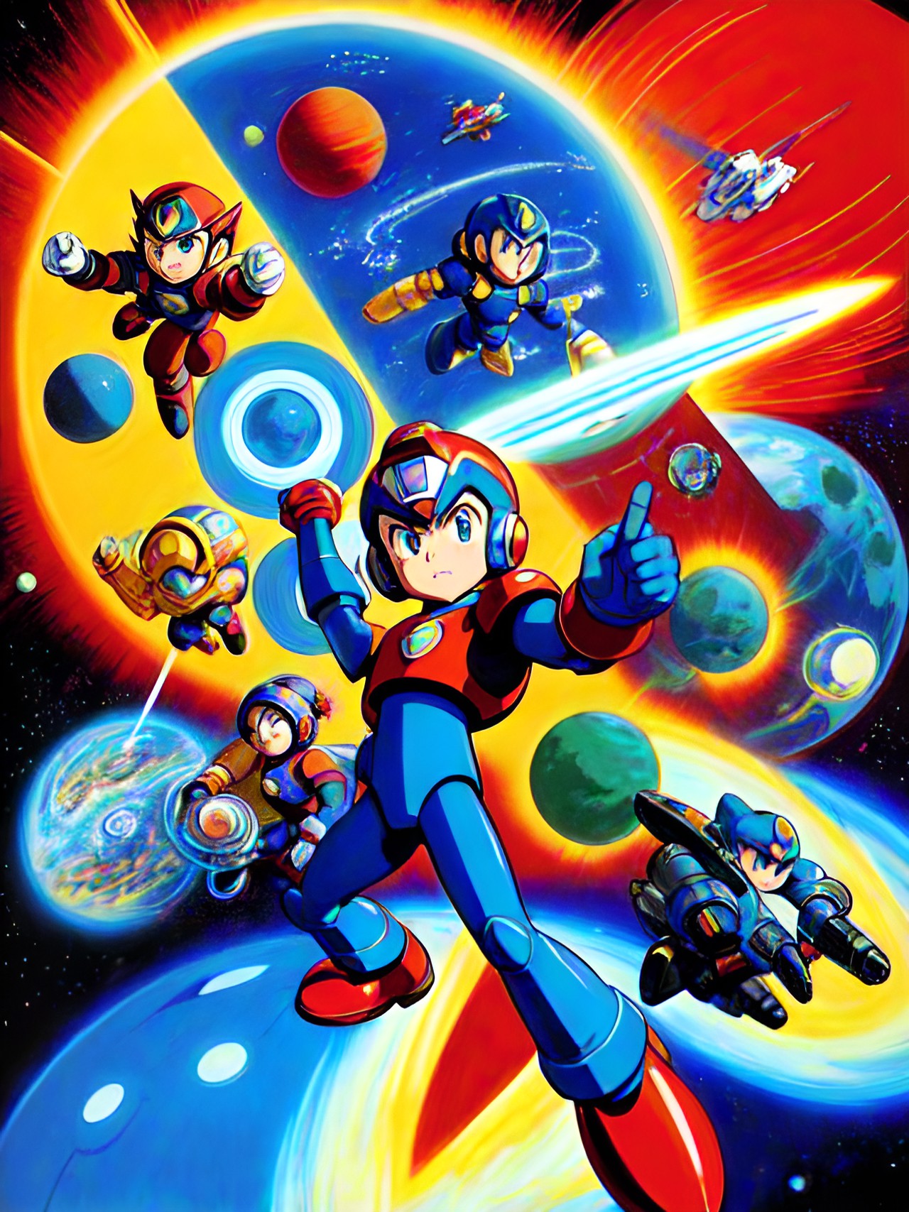 draw the original mega man nintendo game cover. it should include mega man, rush, and dr. wily. this was done in a retro space art of the 80s preview