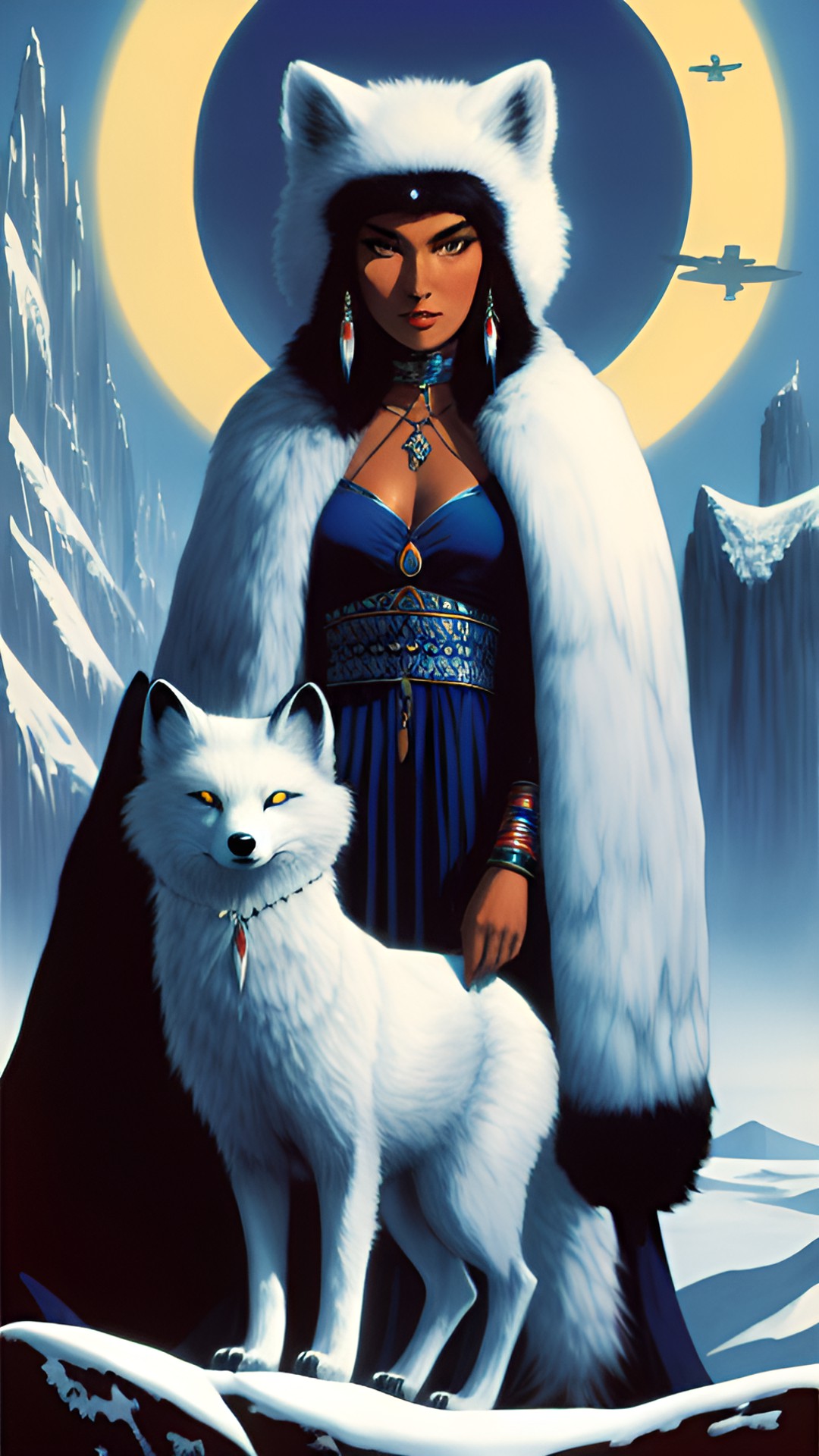 arctic eskimo woman standing with dark eyes and sculpted face with her arctic fox preview