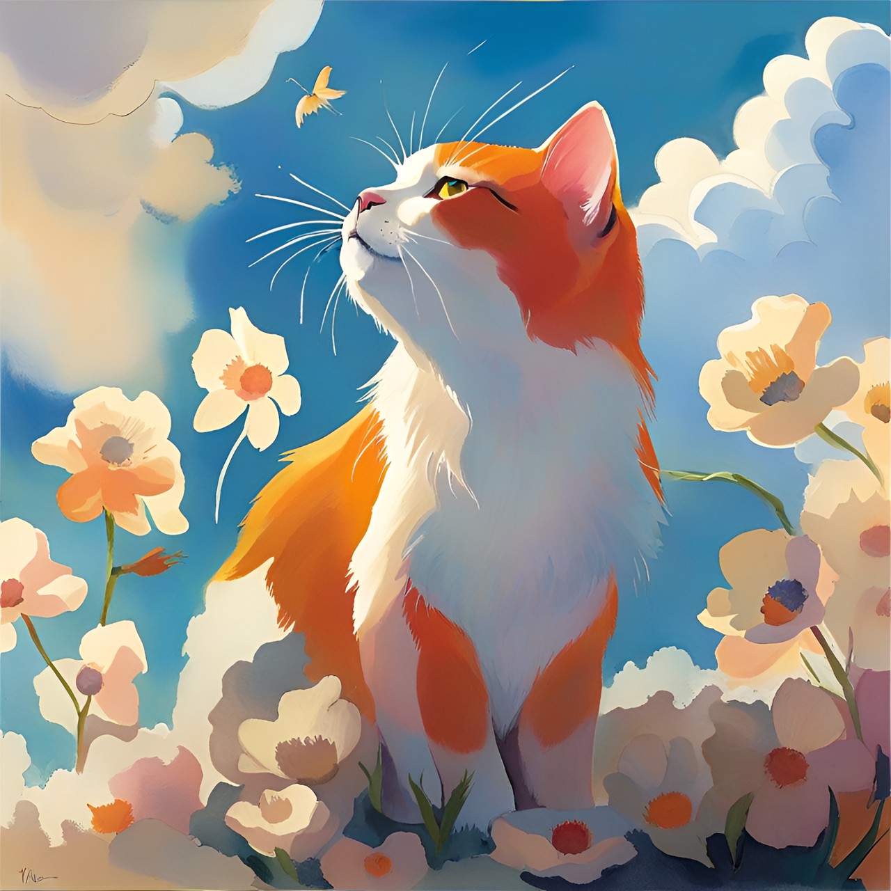 cat white and orange and flowers and clouds sky blue preview