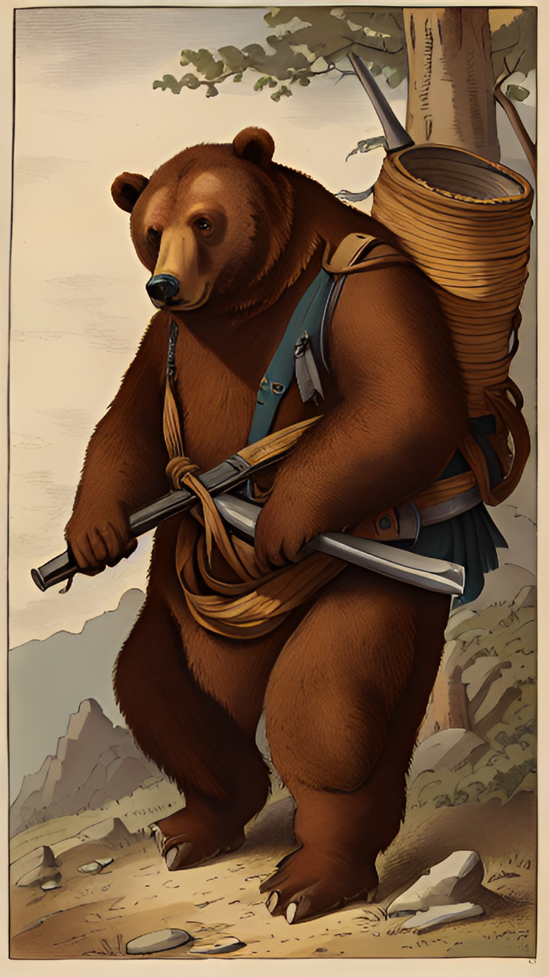 Mr Bear - natty bumpo carrying large brown bear, musket slumped over shoulder preview