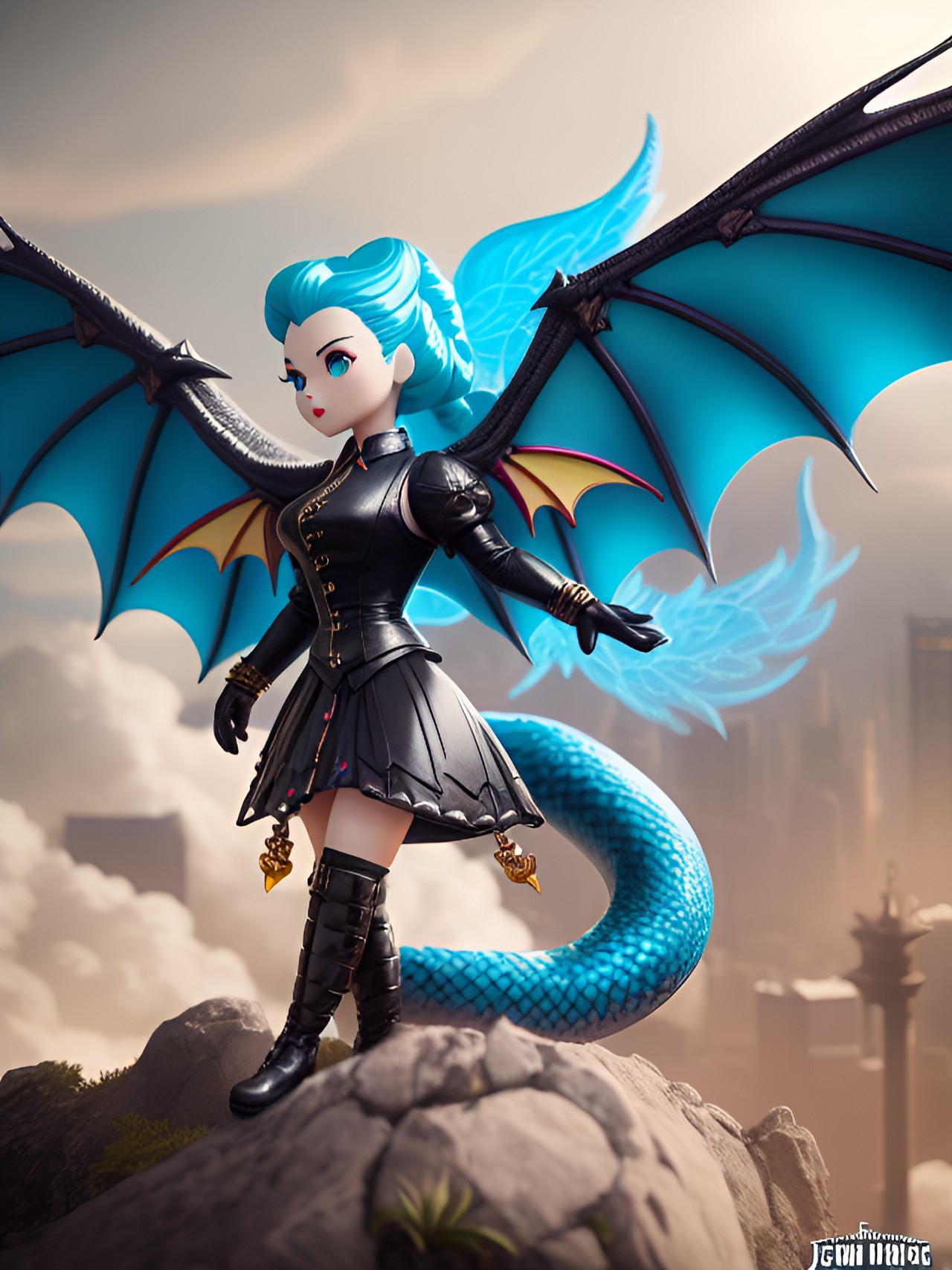 gorgeous dragoness, vintage 1940's, controls the element of shadows, dragon wings growing from her back, two colors in her hair, highly detailed preview