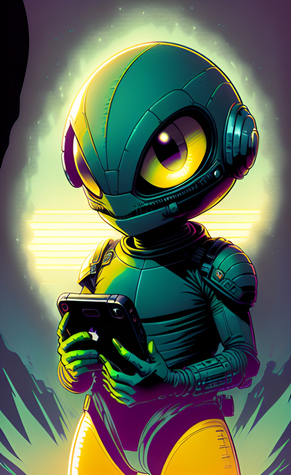 alien with an iphone in a dc comic art style, focusing on a dramatic extreme close-up angle preview