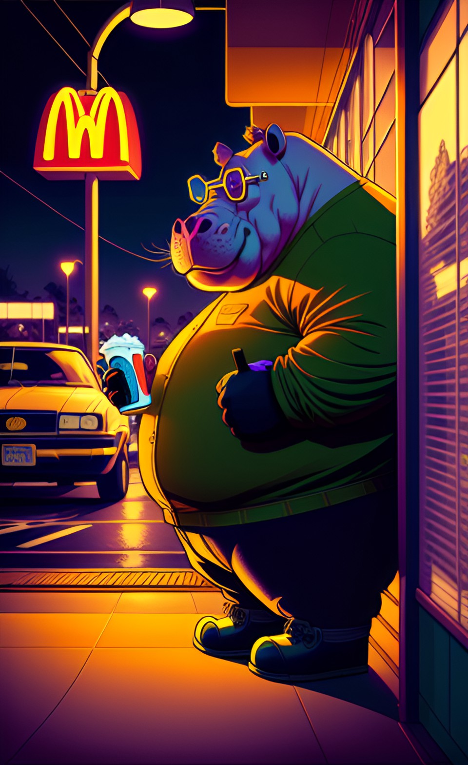 draw a hippo man ordering food from mcdonalds in a dc comic art style, with dramatic lighting angles and lots of shadows preview