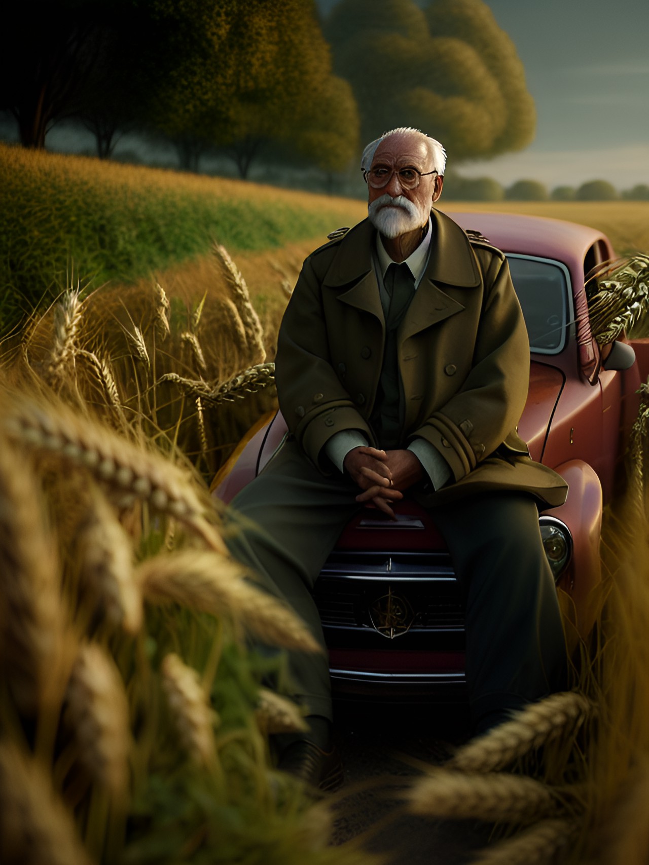 1 old men, in a trench coat, sitting on the top of the car, in a golden wheat field preview