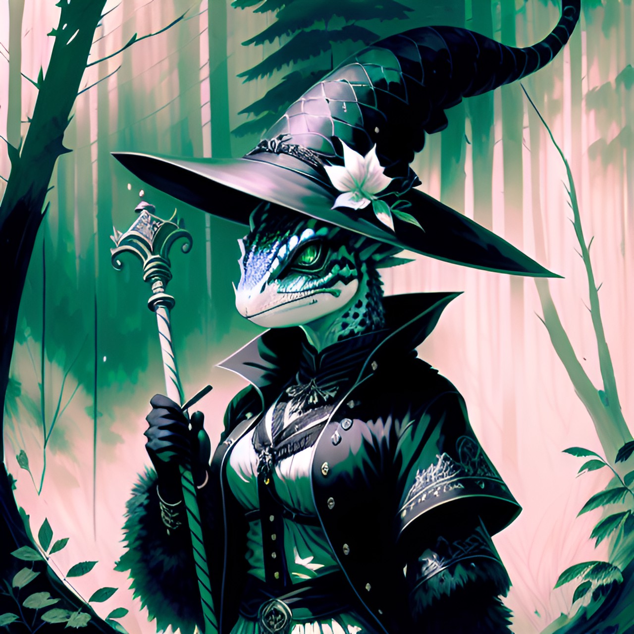 anthropomorphic lizard witch with wood staff in the forest preview