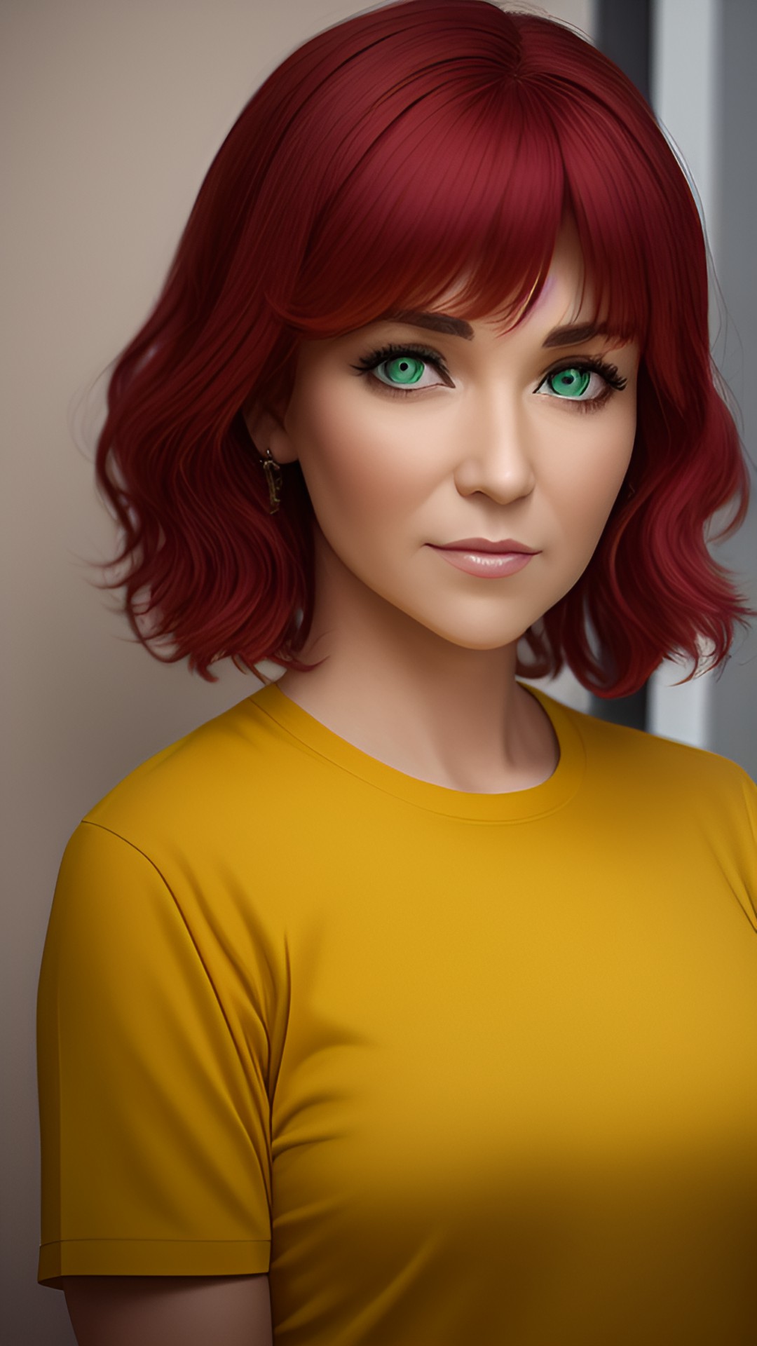 a woman about 30 or 40 with green eyes and red hair and yellowish skin wearing yellow preview