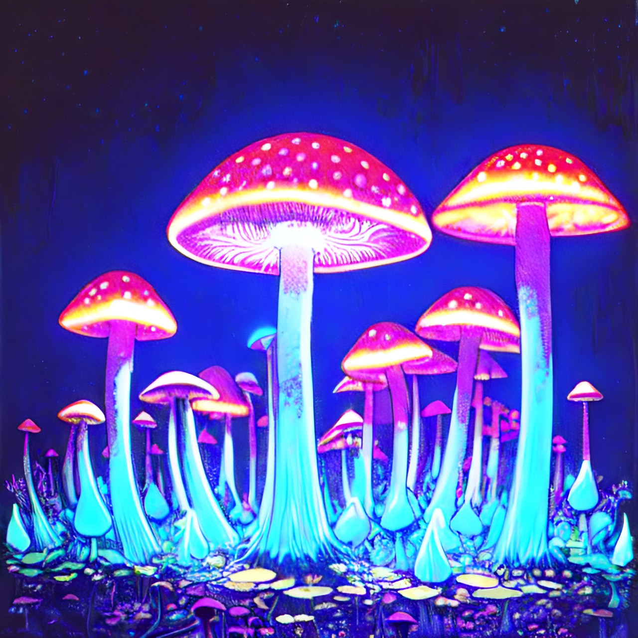 magic mushrooms, light blue, neon light, dark background, shiny preview