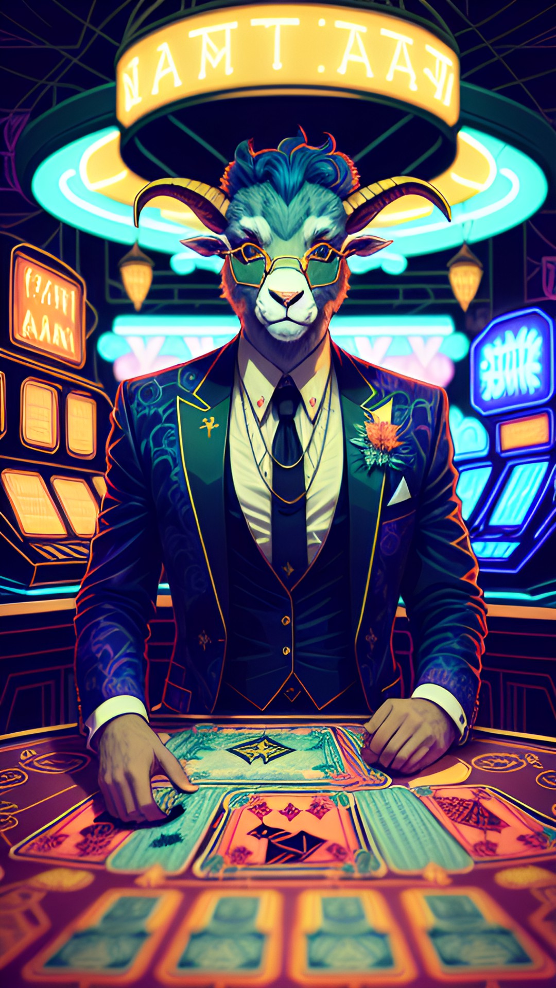 goatman, satyr, gambler, flashy suit, card table, las vegas, neon lights, portrait preview