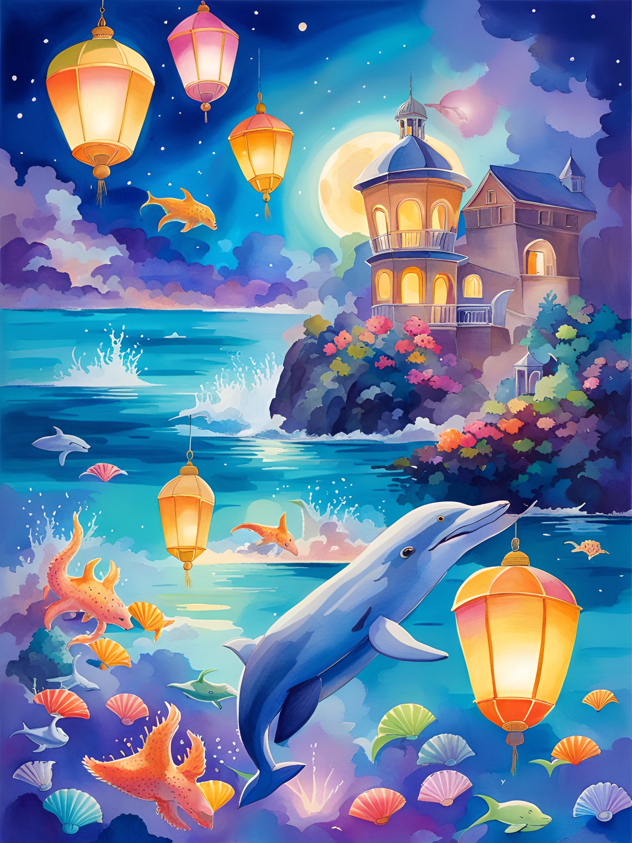 a magical ocean side, night, seashells, floating lanterns, dolphins leaping from the water. preview