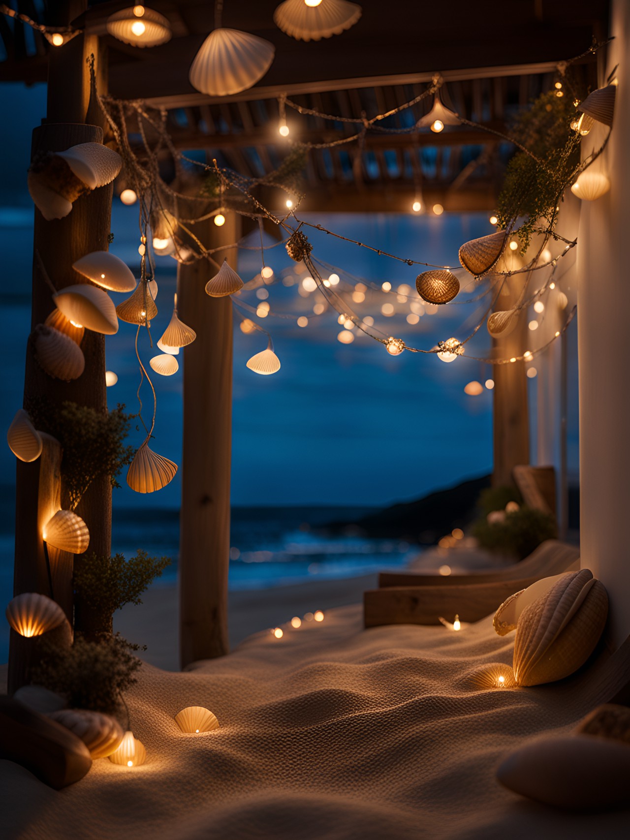 a magical ocean side, night, seashells, fairy lights. preview