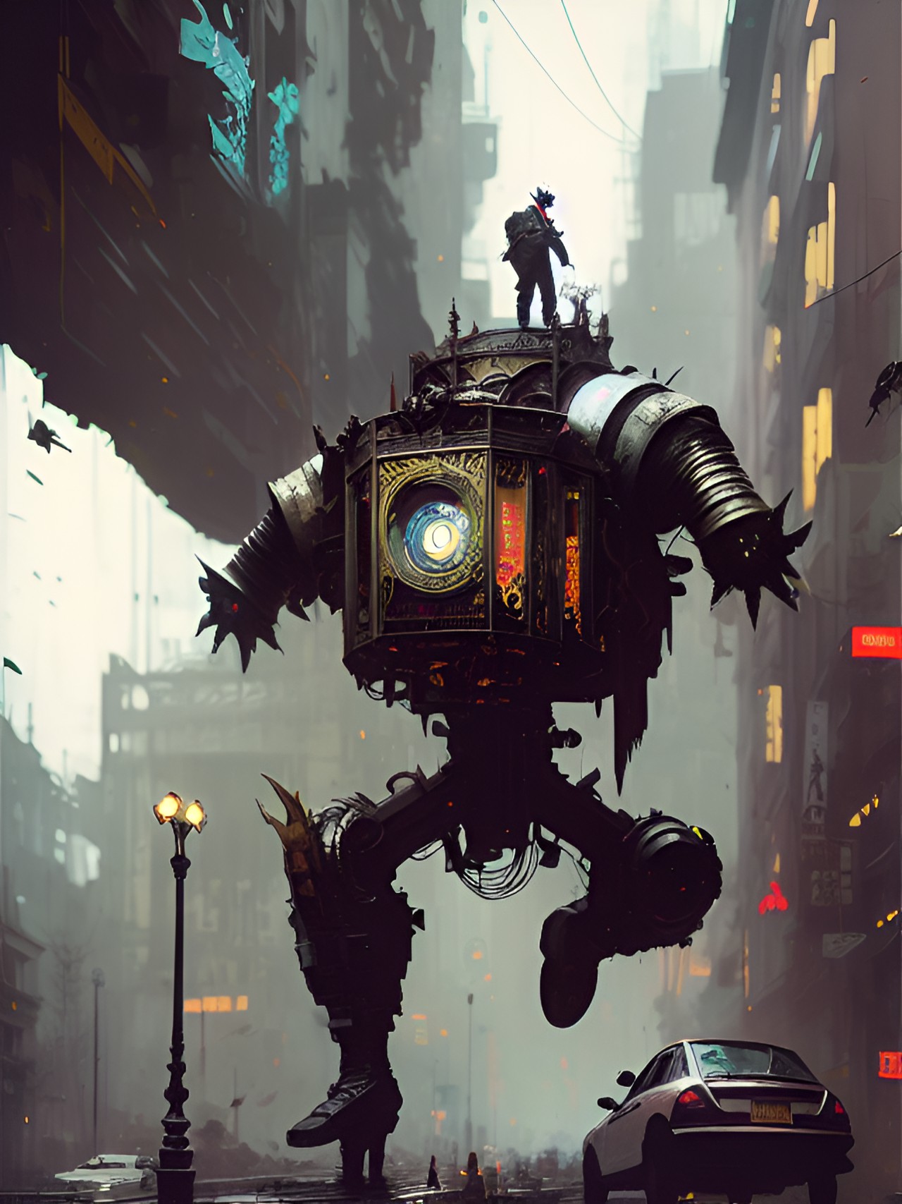 small automaton with giant hands causing destruction to early 19th century city streets preview