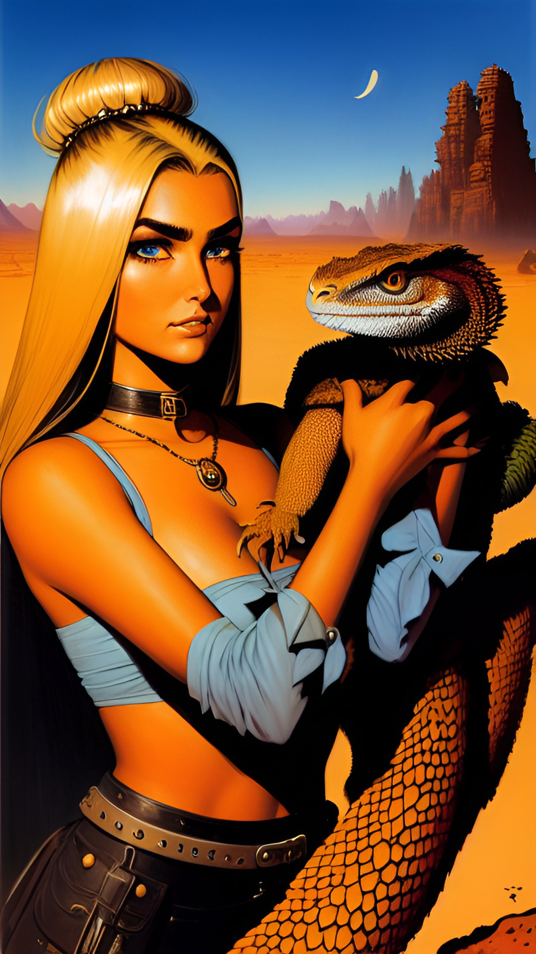 desert woman with strong brows brown eyes and ash blonde hair with her pet bearded dragon preview