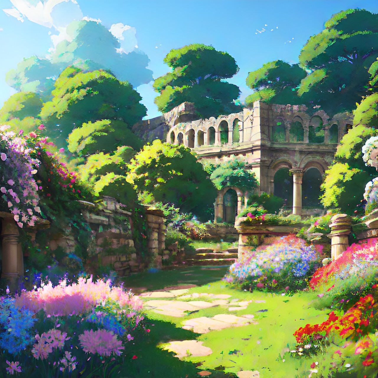 ancient roman ruins and a wild garden of flowers preview