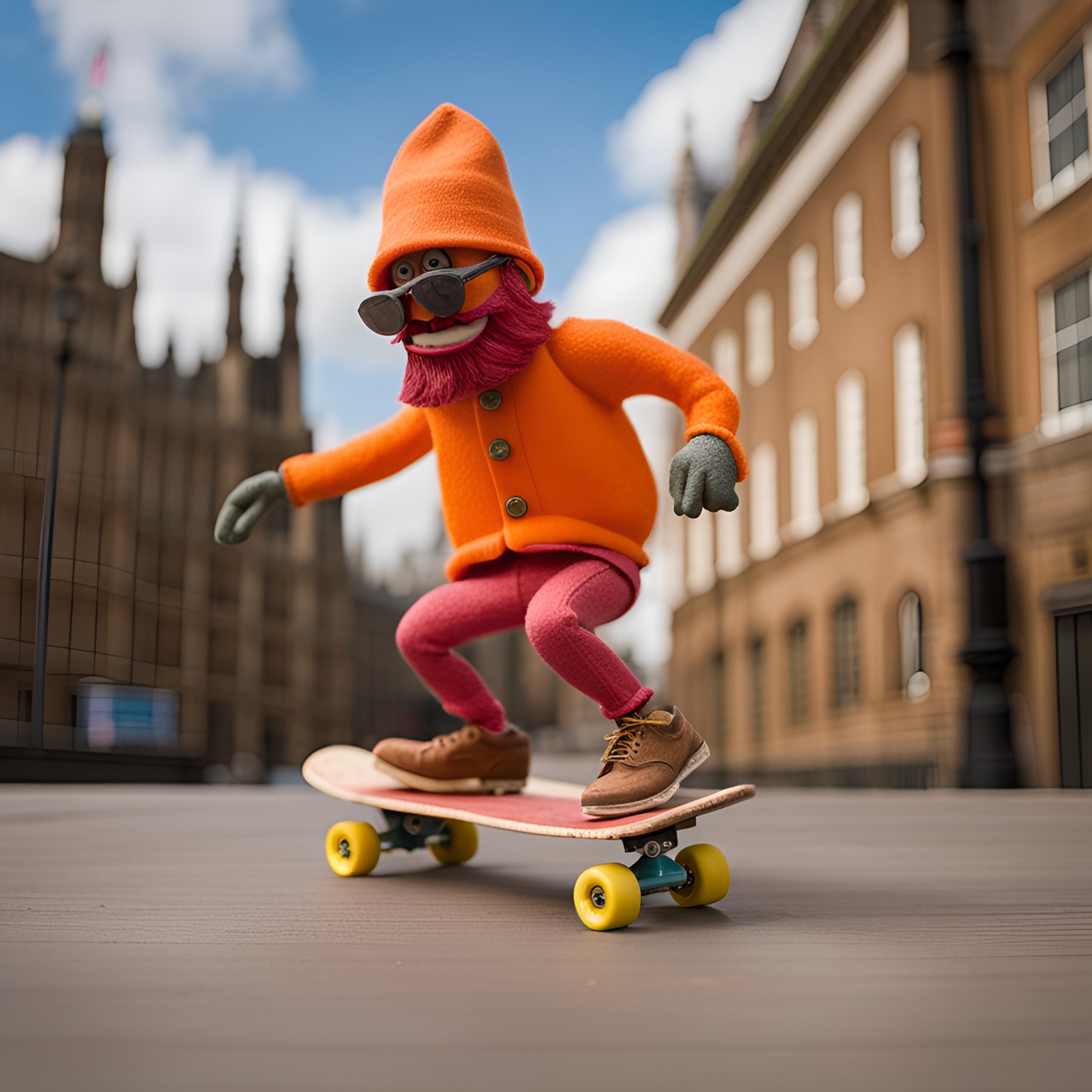 sweet potato man skateboarding,stop motion movie  environment, on london preview