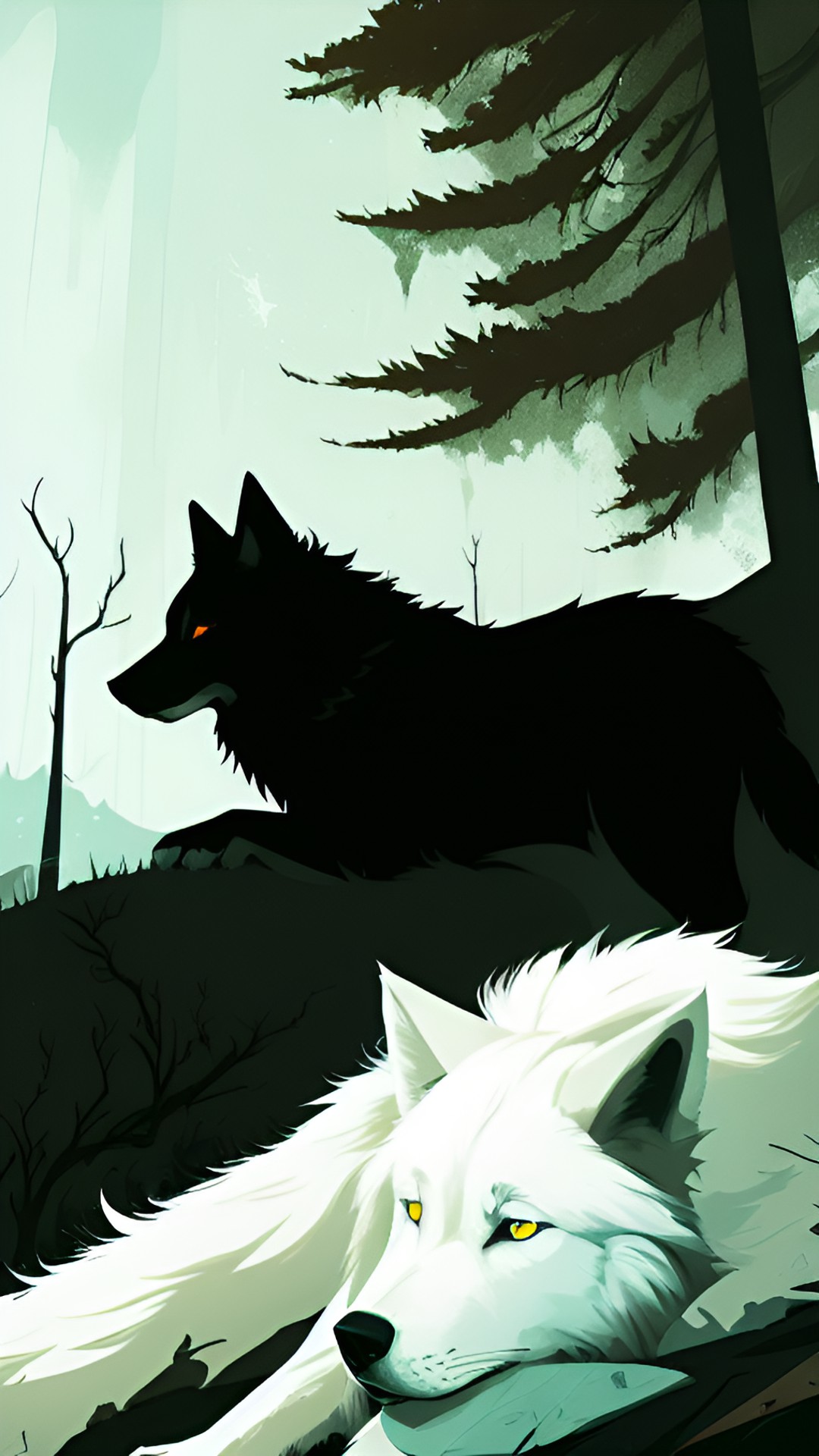 1 soft comforting large white wolf
1 devilish black wolf
1 tired exhausted lonely survivor
in the green dry woods preview